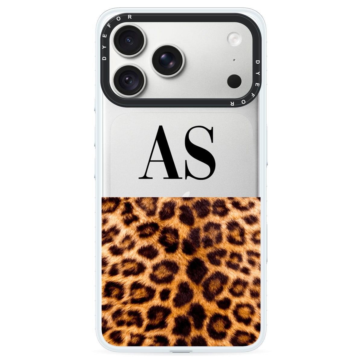 Initialled Leopard Print iPhone 18 Pro Max Black Impact Pre order Case on Silver phone
