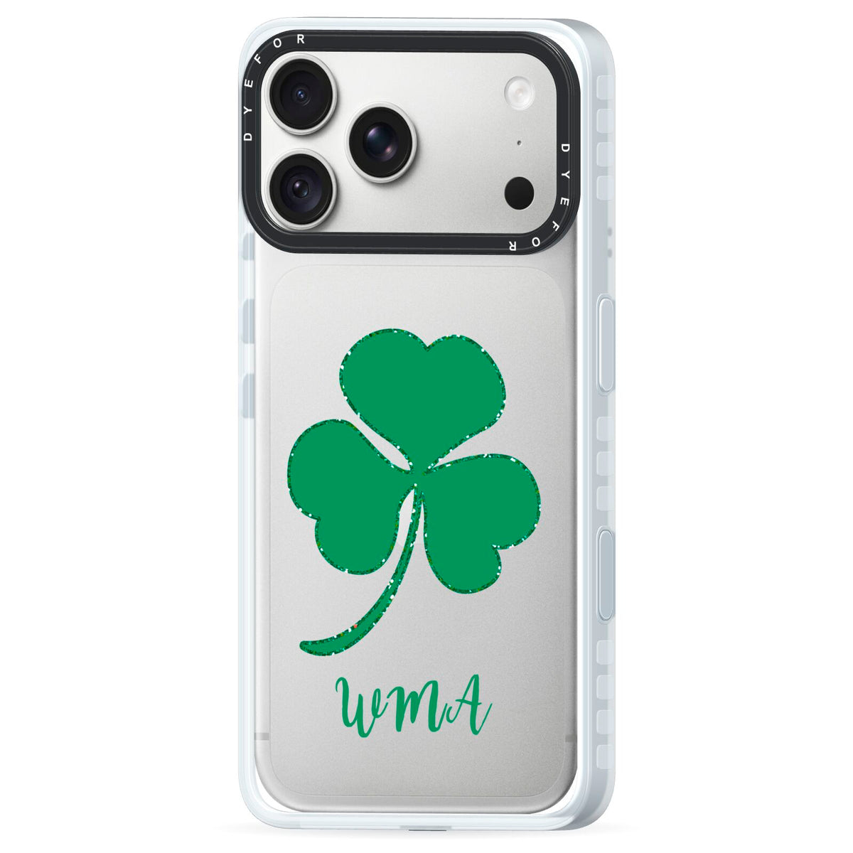 Initialled Shamrock Custom iPhone 18 Pro Black Impact Pre order Case Side Angle on Silver phone