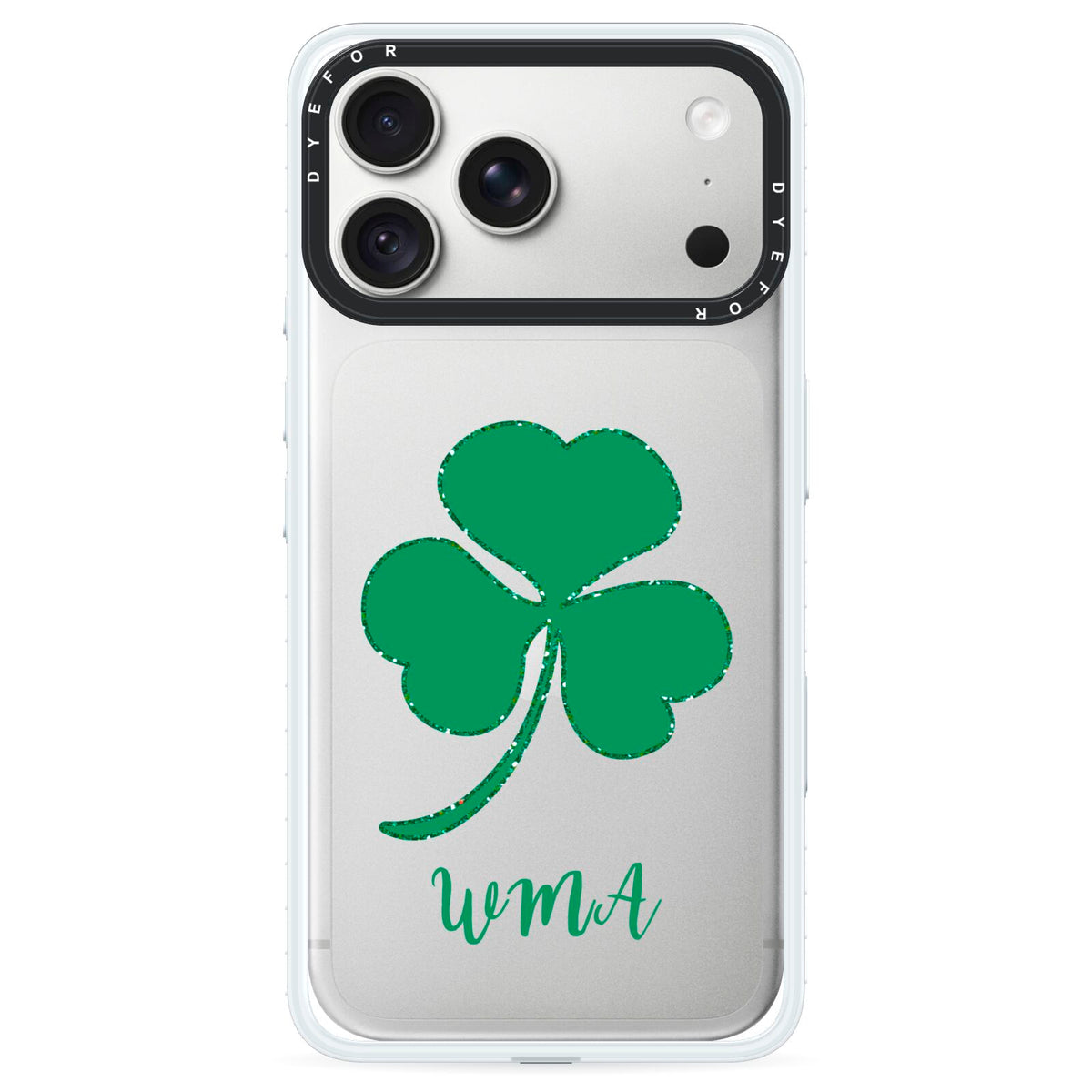 Initialled Shamrock Custom iPhone 18 Pro Black Impact Pre order Case on Silver phone