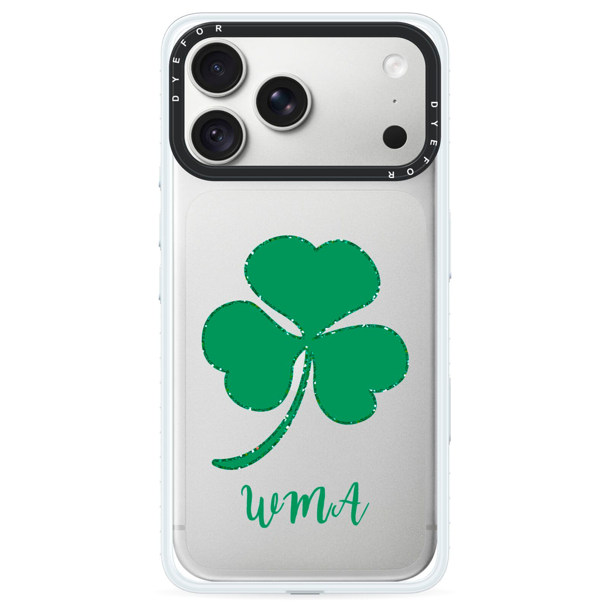 Initialled Shamrock Custom iPhone 18 Pro Max Black Impact Pre order Case on Silver phone