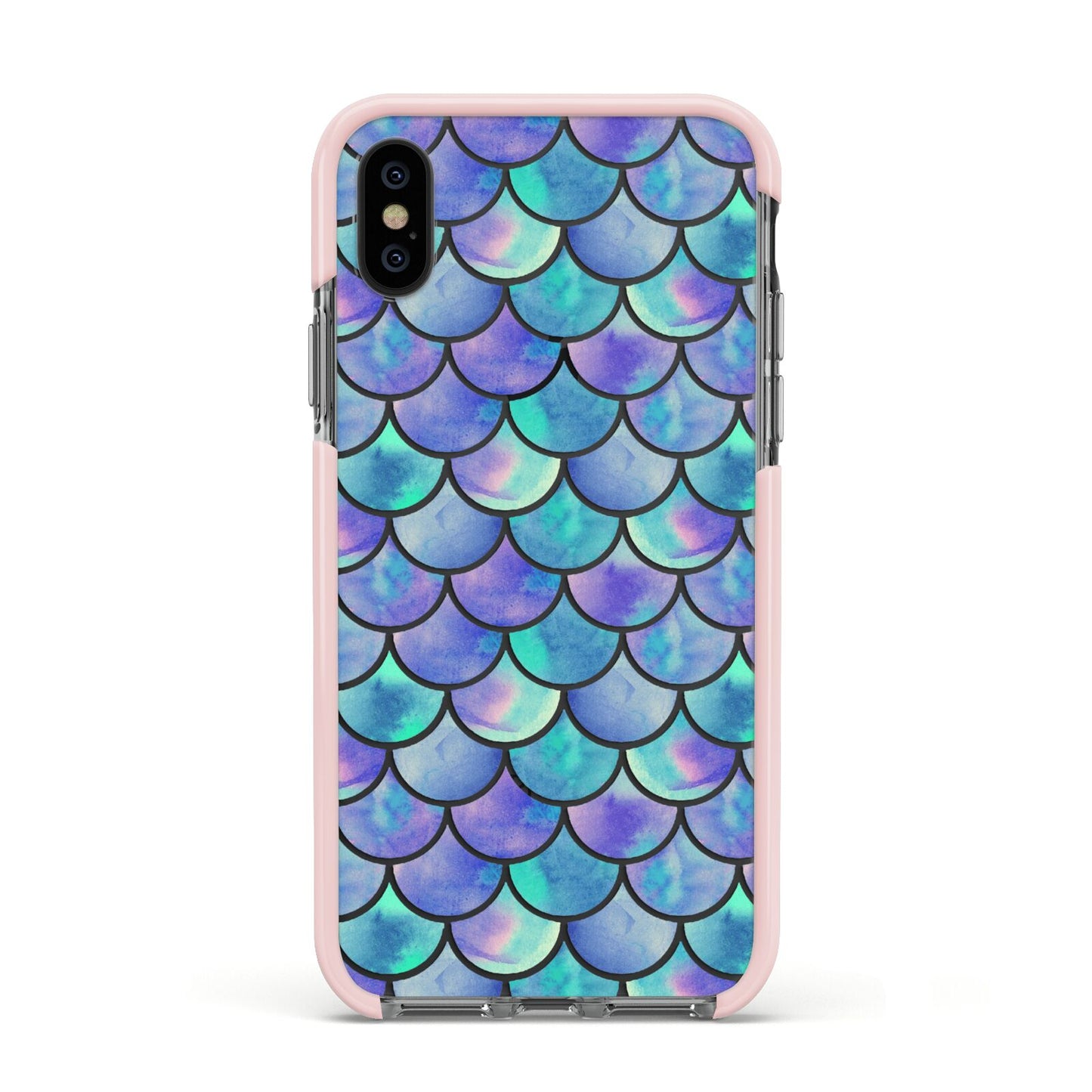 Iridescent Mermaid Scales Apple iPhone Xs Impact Case Pink Edge on Black Phone