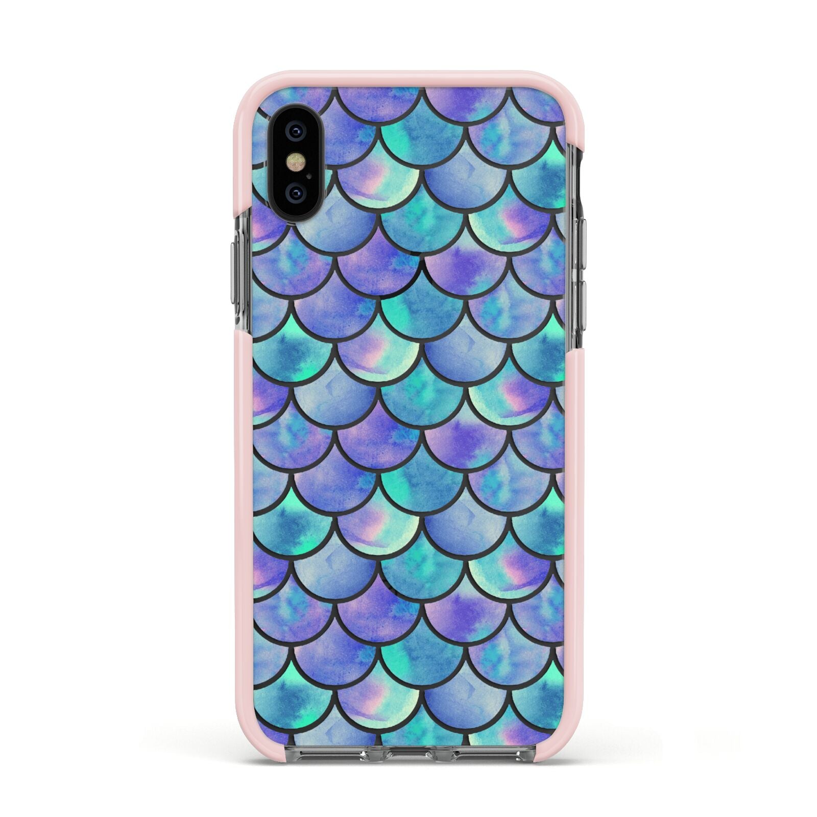 Iridescent Mermaid Scales Apple iPhone Xs Impact Case Pink Edge on Black Phone