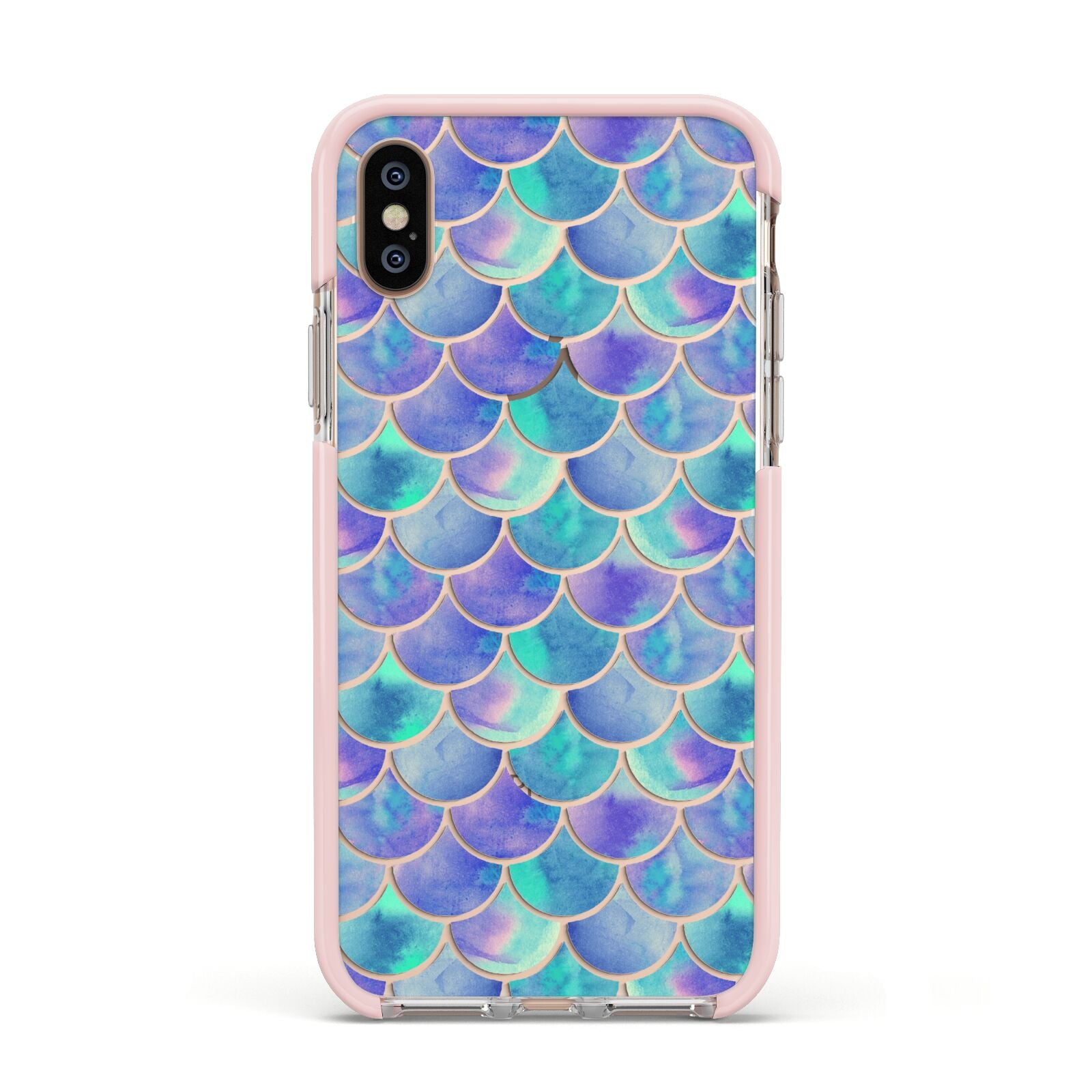 Iridescent Mermaid Scales Apple iPhone Xs Impact Case Pink Edge on Gold Phone