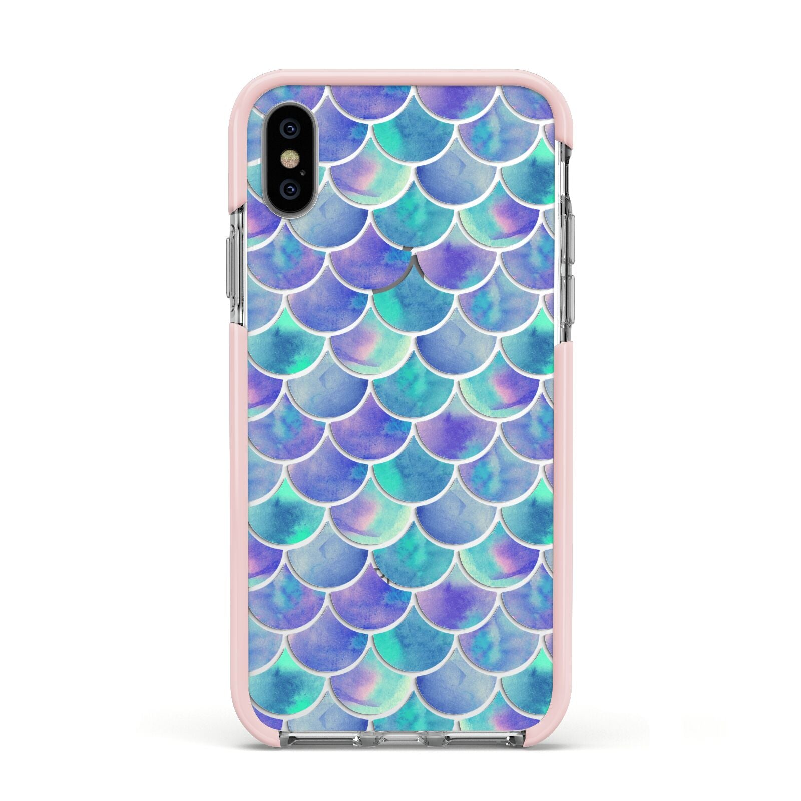 Iridescent Mermaid Scales Apple iPhone Xs Impact Case Pink Edge on Silver Phone