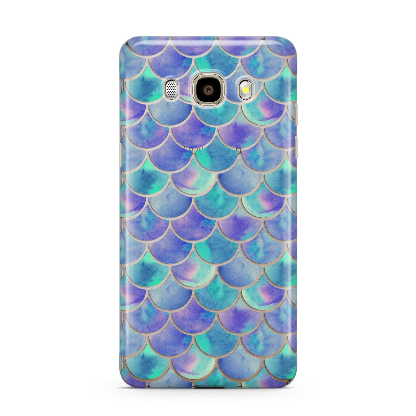 Iridescent Mermaid Scales Samsung Galaxy J7 2016 Case on gold phone