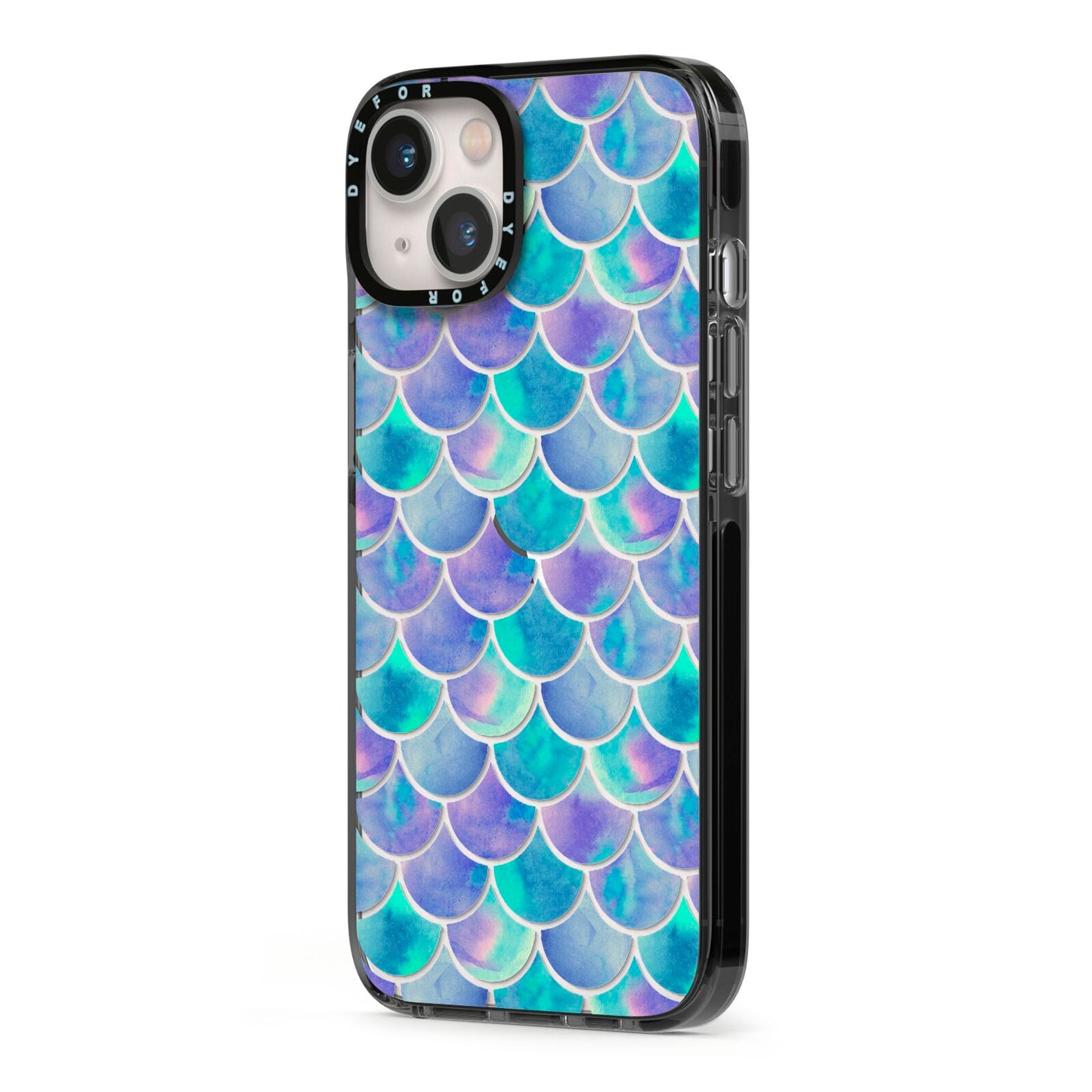 Iridescent Mermaid Scales iPhone 13 Black Impact Case Side Angle on Silver phone