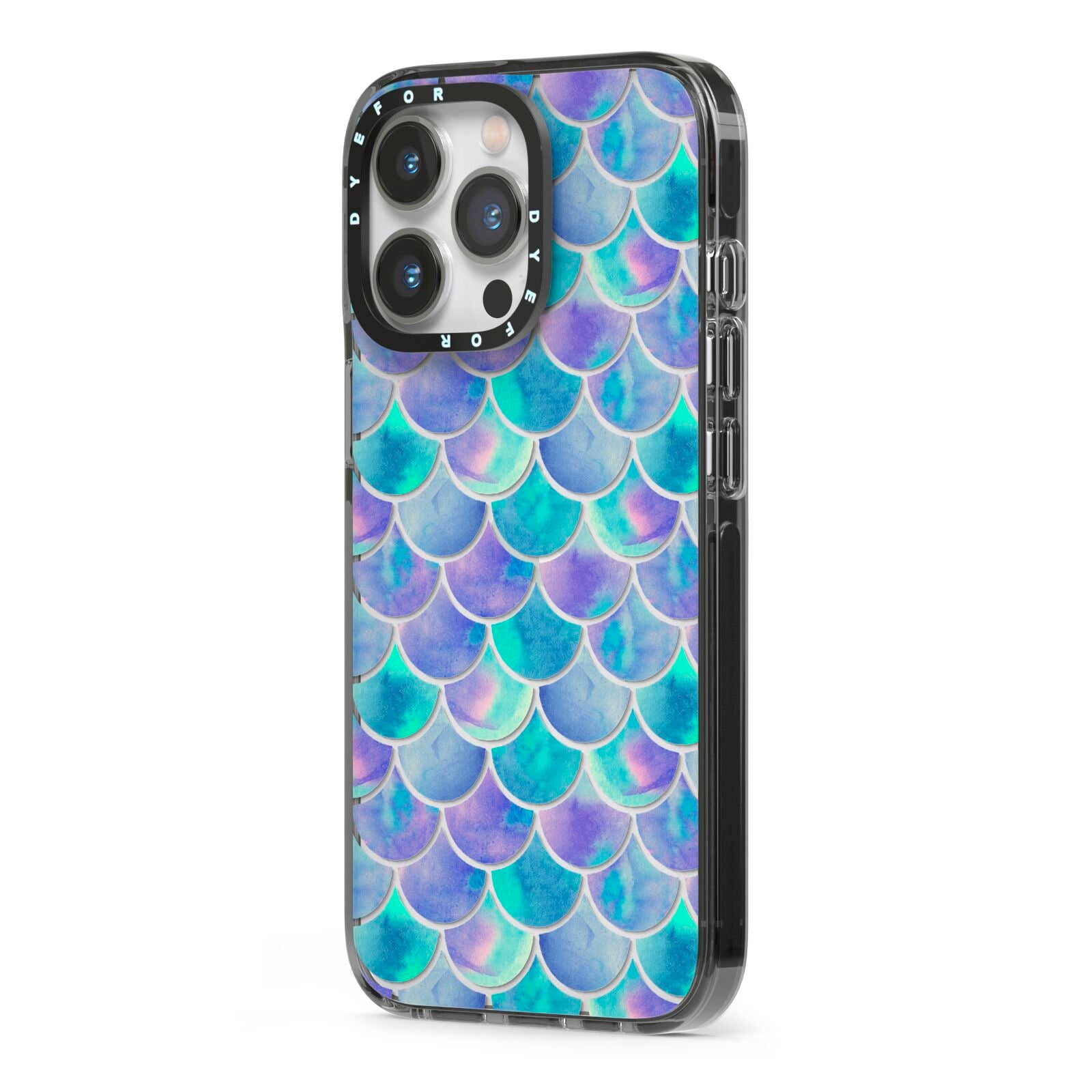 Iridescent Mermaid Scales iPhone 13 Pro Black Impact Case Side Angle on Silver phone