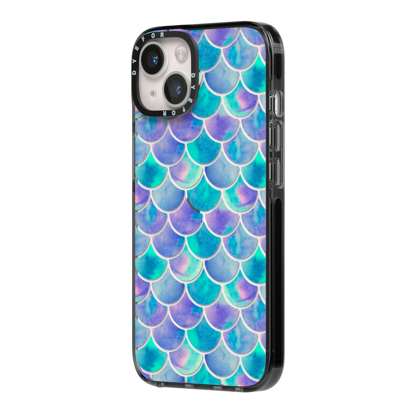 Iridescent Mermaid Scales iPhone 14 Black Impact Case Side Angle on Silver phone