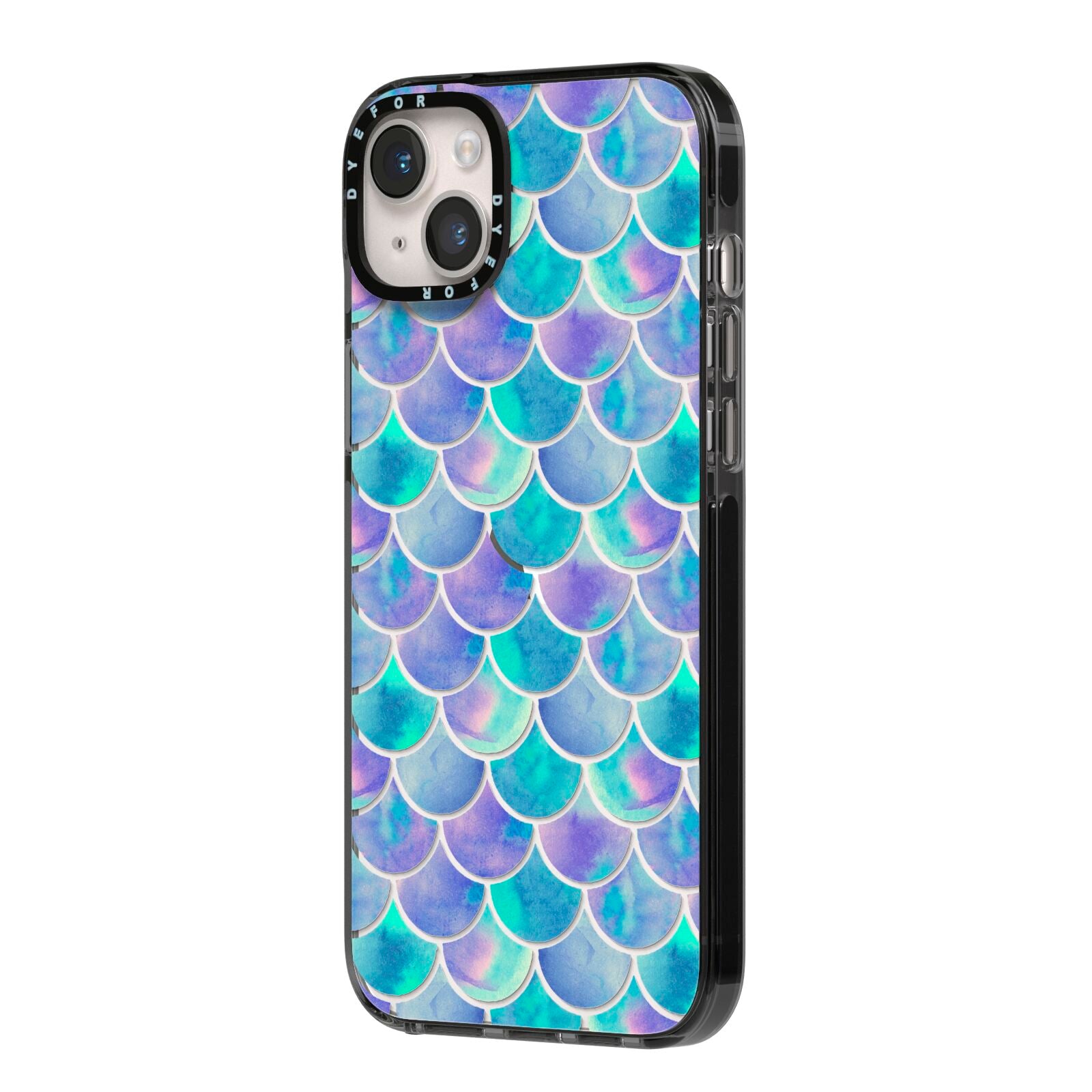 Iridescent Mermaid Scales iPhone 14 Plus Black Impact Case Side Angle on Silver phone