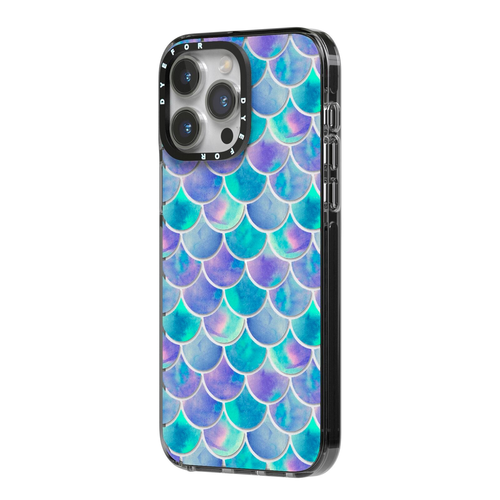 Iridescent Mermaid Scales iPhone 14 Pro Max Black Impact Case Side Angle on Silver phone
