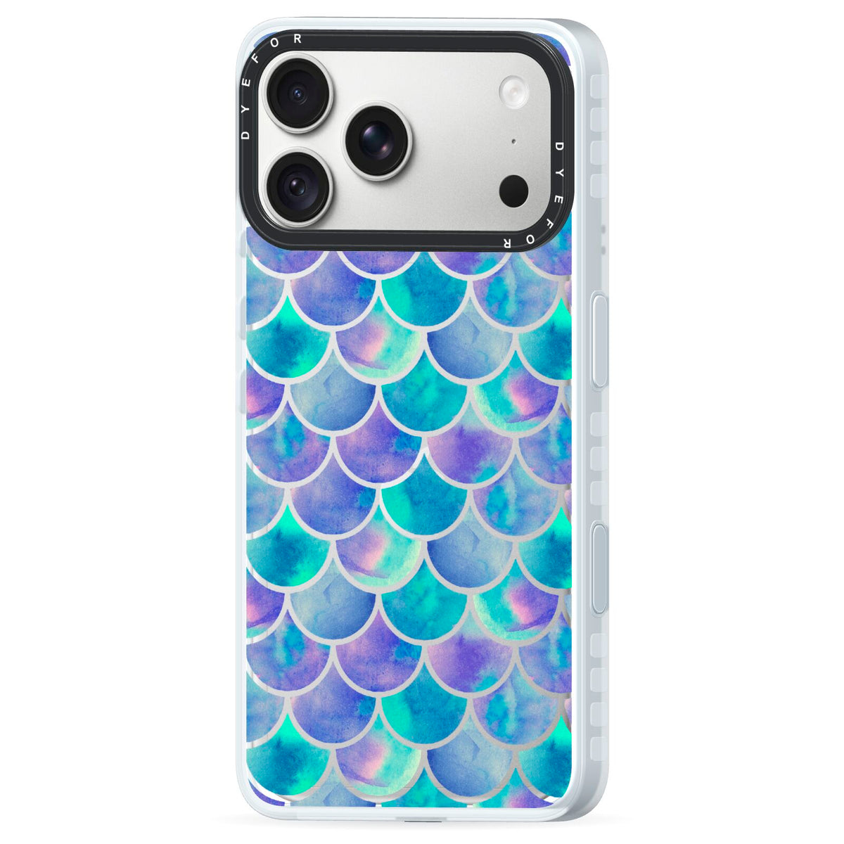 Iridescent Mermaid Scales iPhone 18 Pro Black Impact Pre order Case Side Angle on Silver phone