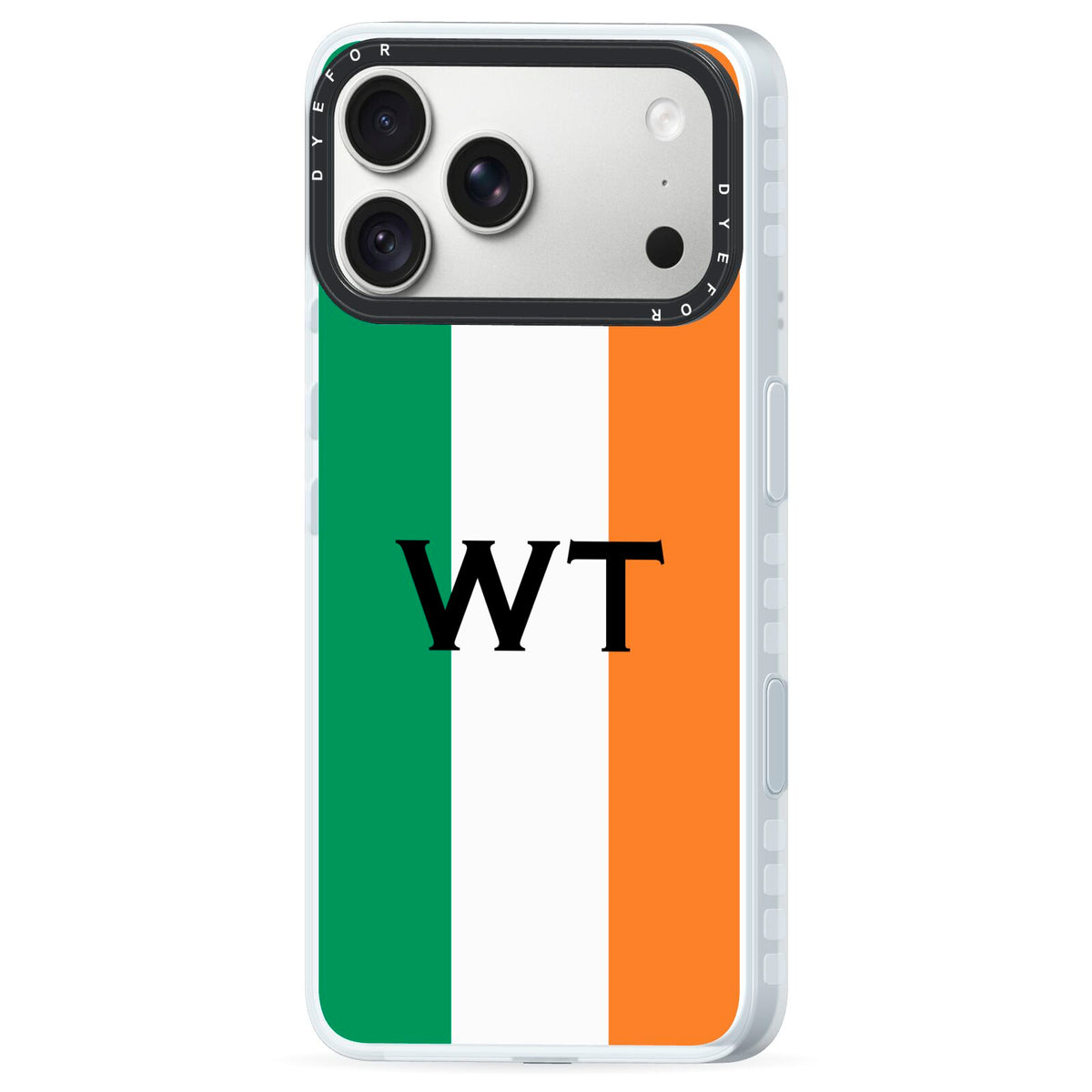 Irish Colours Personalised Initials iPhone 18 Pro Black Impact Pre order Case Side Angle on Silver phone