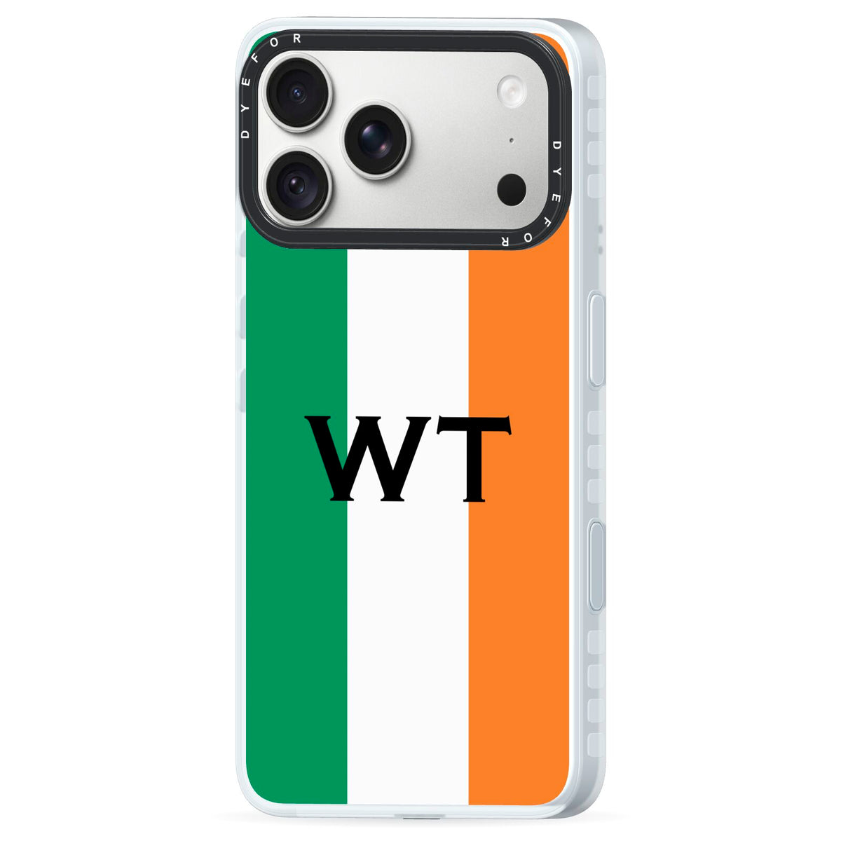 Irish Colours Personalised Initials iPhone 18 Pro Max Black Impact Pre order Case Side Angle on Silver phone