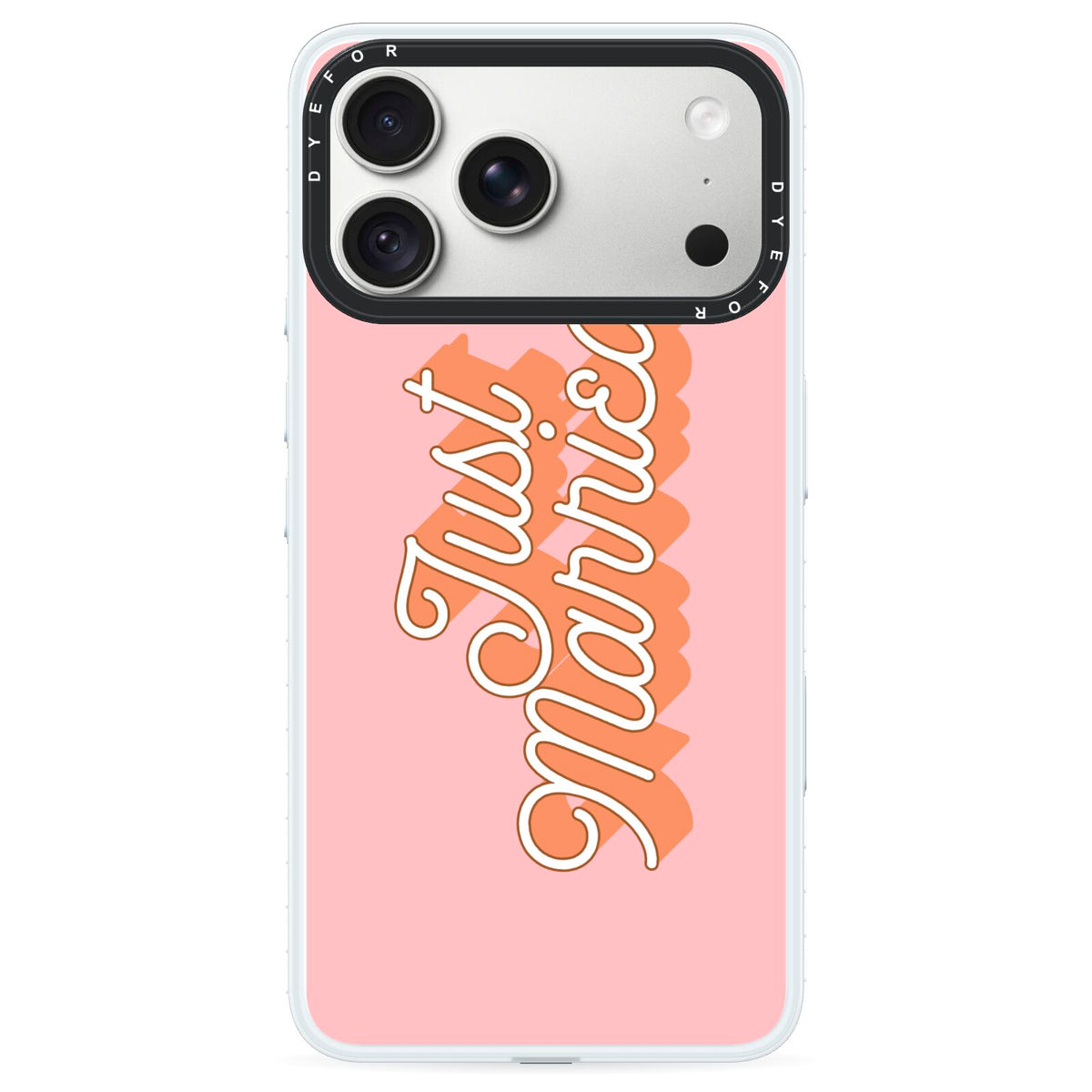Just Married Pink iPhone 18 Pro Max Black Impact Pre order Case on Silver phone