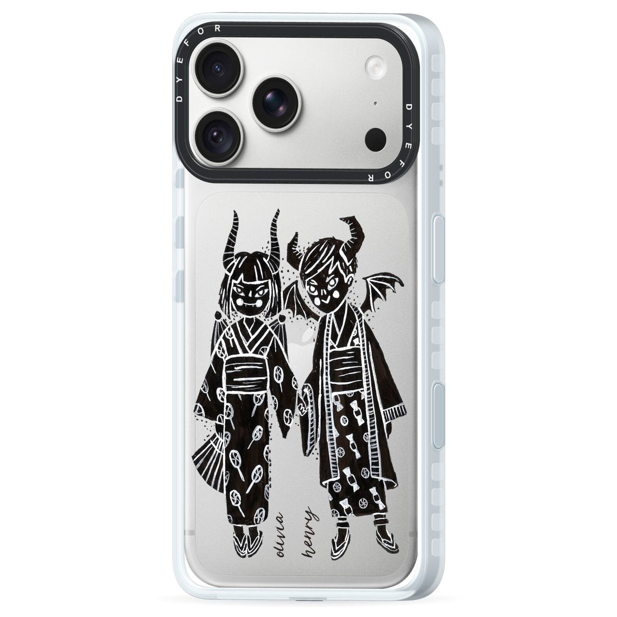 Kimono Devils iPhone 18 Pro Black Impact Pre order Case Side Angle on Silver phone
