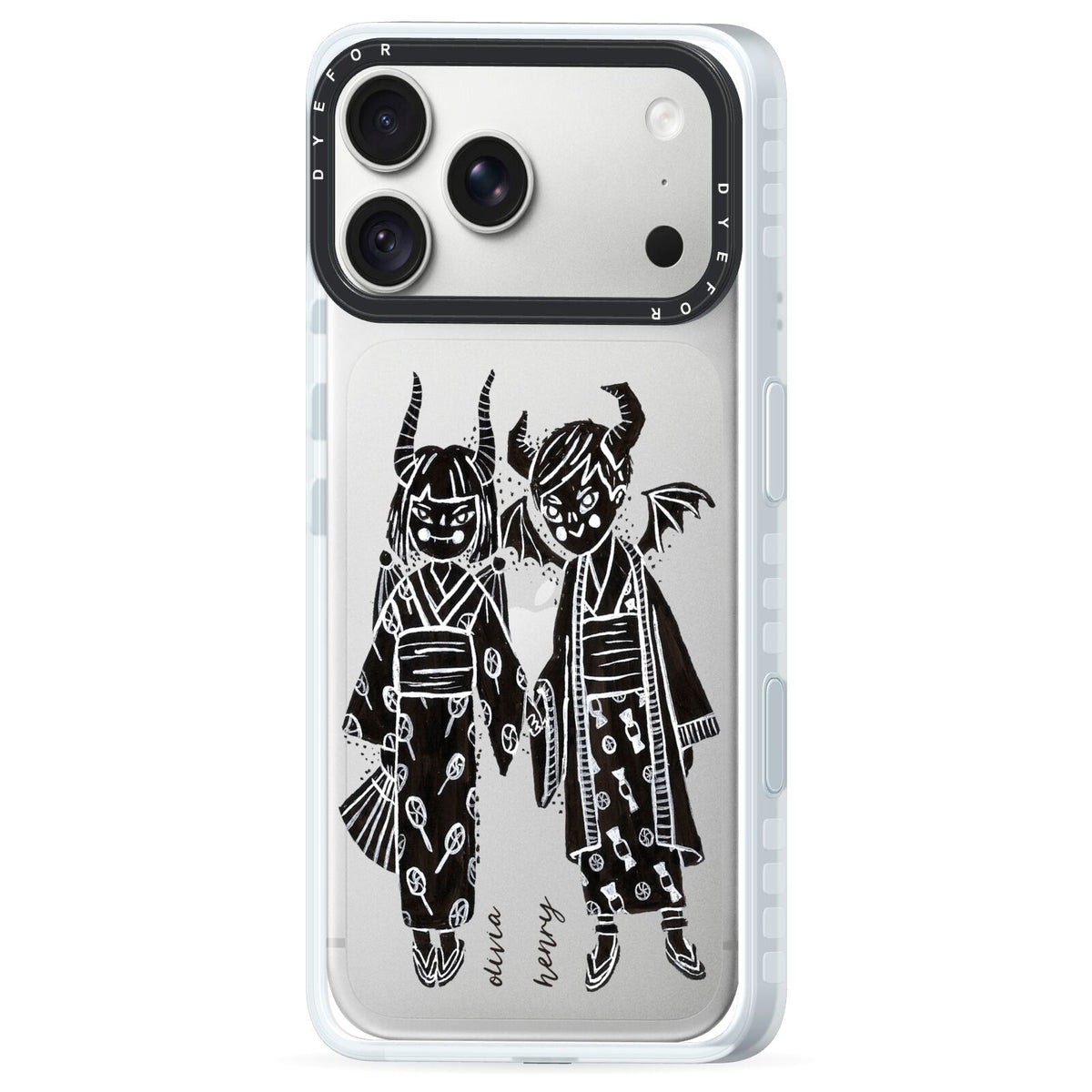 Kimono Devils iPhone 18 Pro Max Black Impact Pre order Case Side Angle on Silver phone