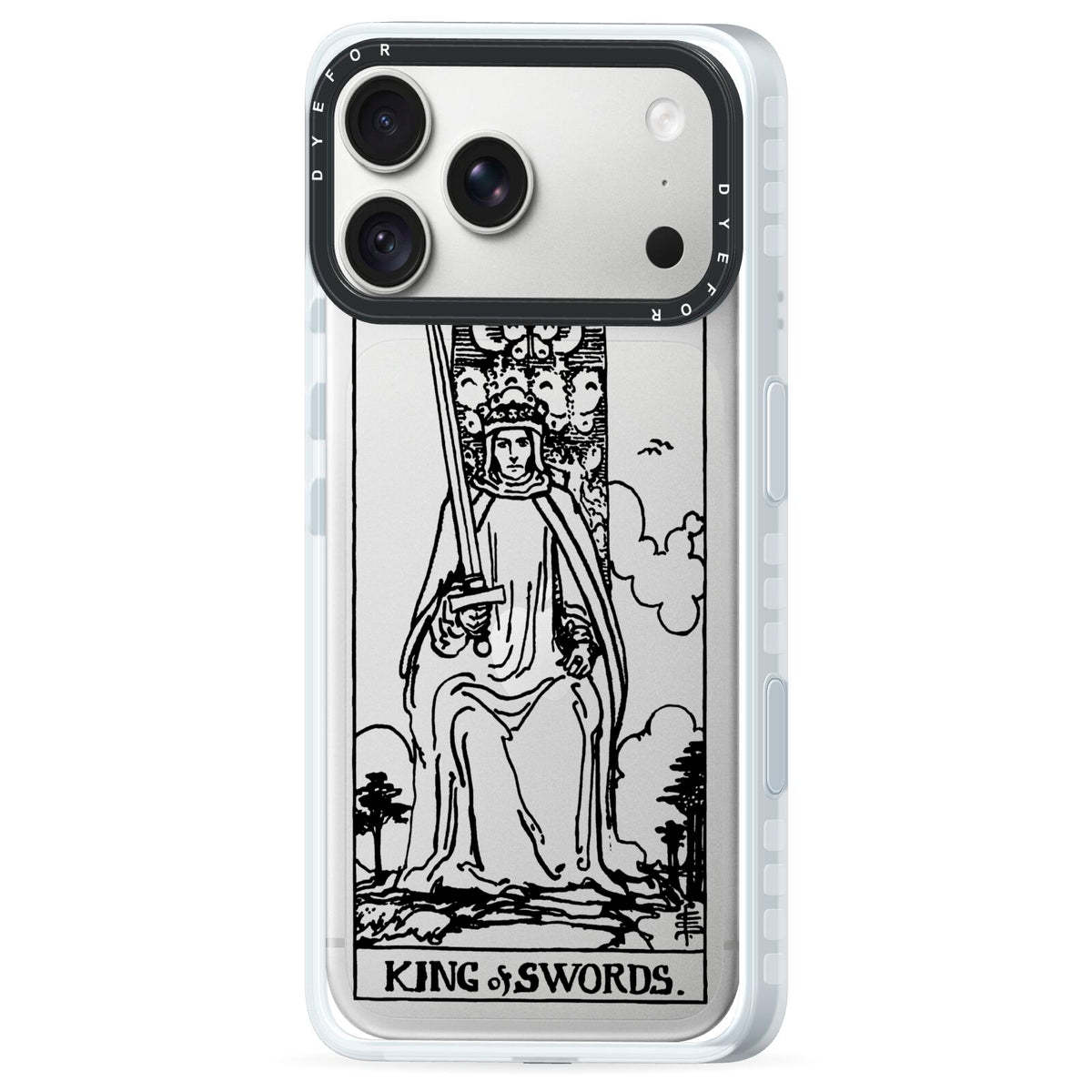 King of Swords Monochrome iPhone 18 Pro Black Impact Pre order Case Side Angle on Silver phone