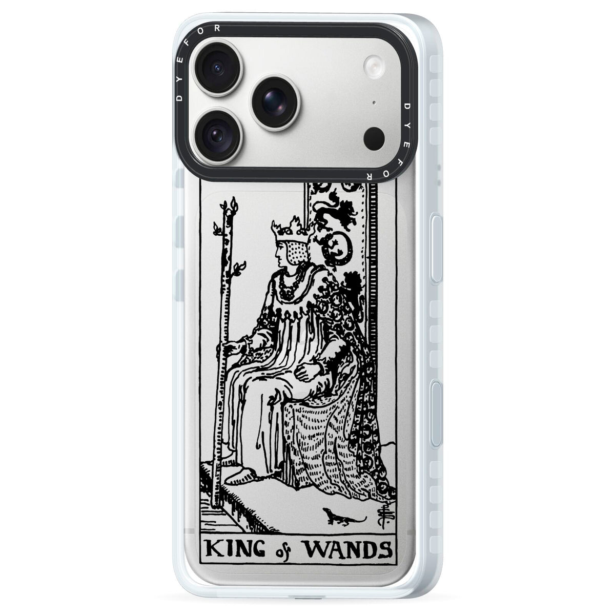 King of Wands Monochrome iPhone 18 Pro Max Black Impact Pre order Case Side Angle on Silver phone