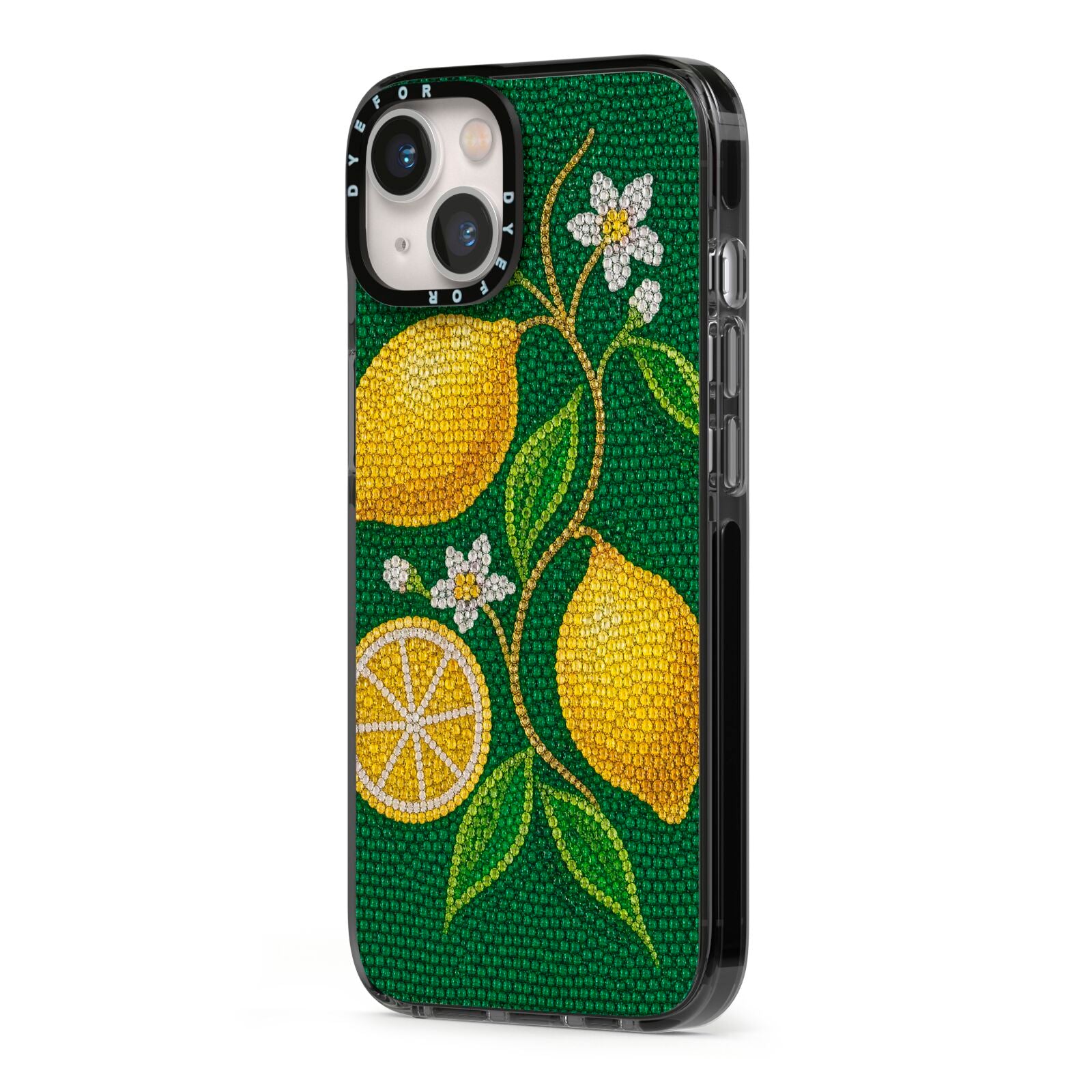 Lemon Lustre iPhone 13 Black Impact Case Side Angle on Silver phone