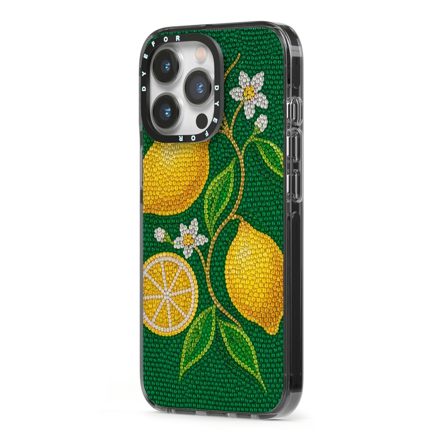 Lemon Lustre iPhone 13 Pro Black Impact Case Side Angle on Silver phone