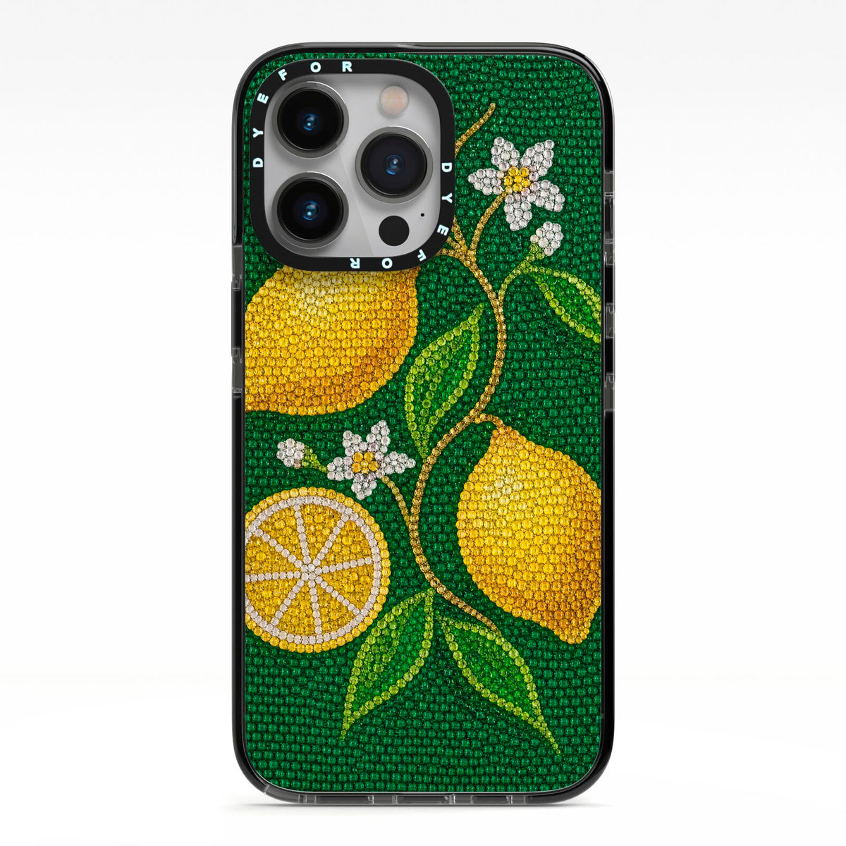 Lemon Lustre iPhone 13 Pro Black Impact Case on Silver phone