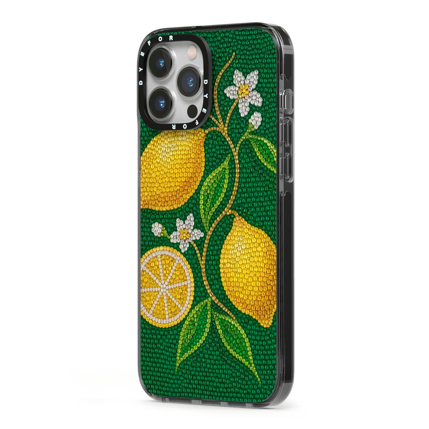 Lemon Lustre iPhone 13 Pro Max Black Impact Case Side Angle on Silver phone