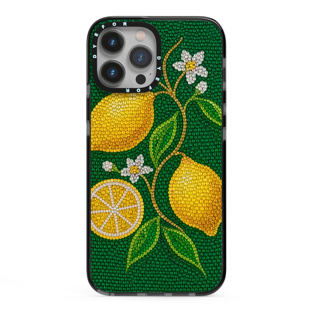 Lemon Lustre iPhone 13 Pro Max Black Impact Case on Silver phone