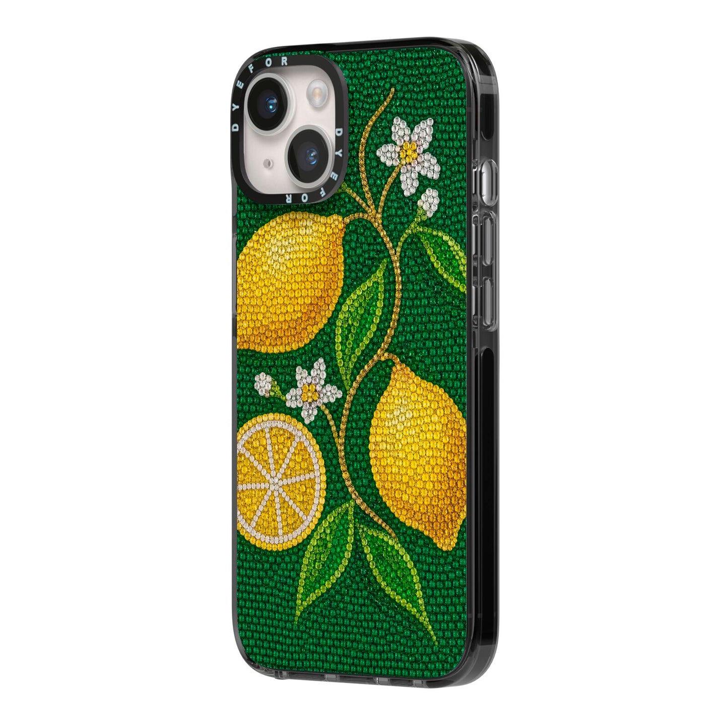 Lemon Lustre iPhone 14 Black Impact Case Side Angle on Silver phone