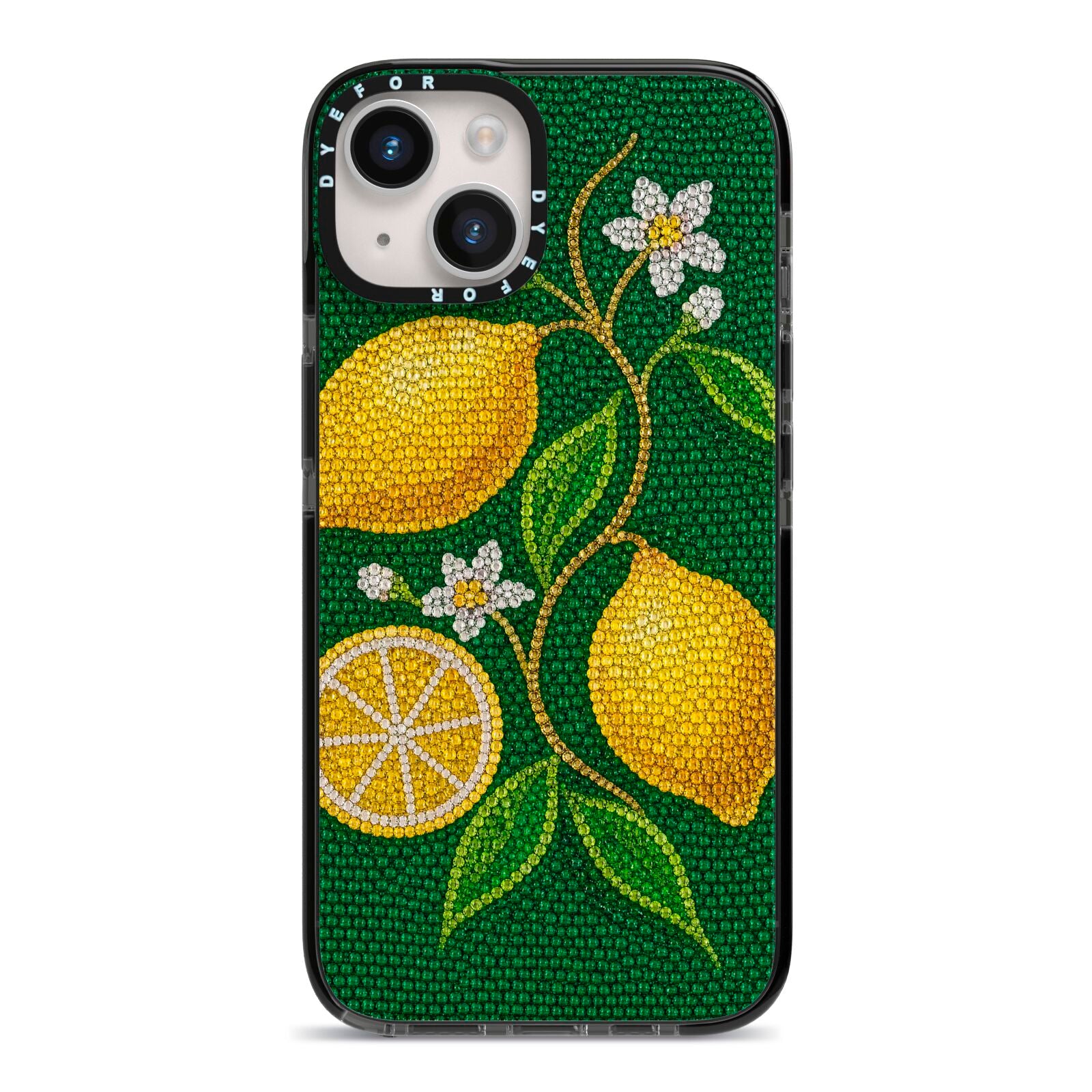 Lemon Lustre iPhone 14 Black Impact Case on Silver phone
