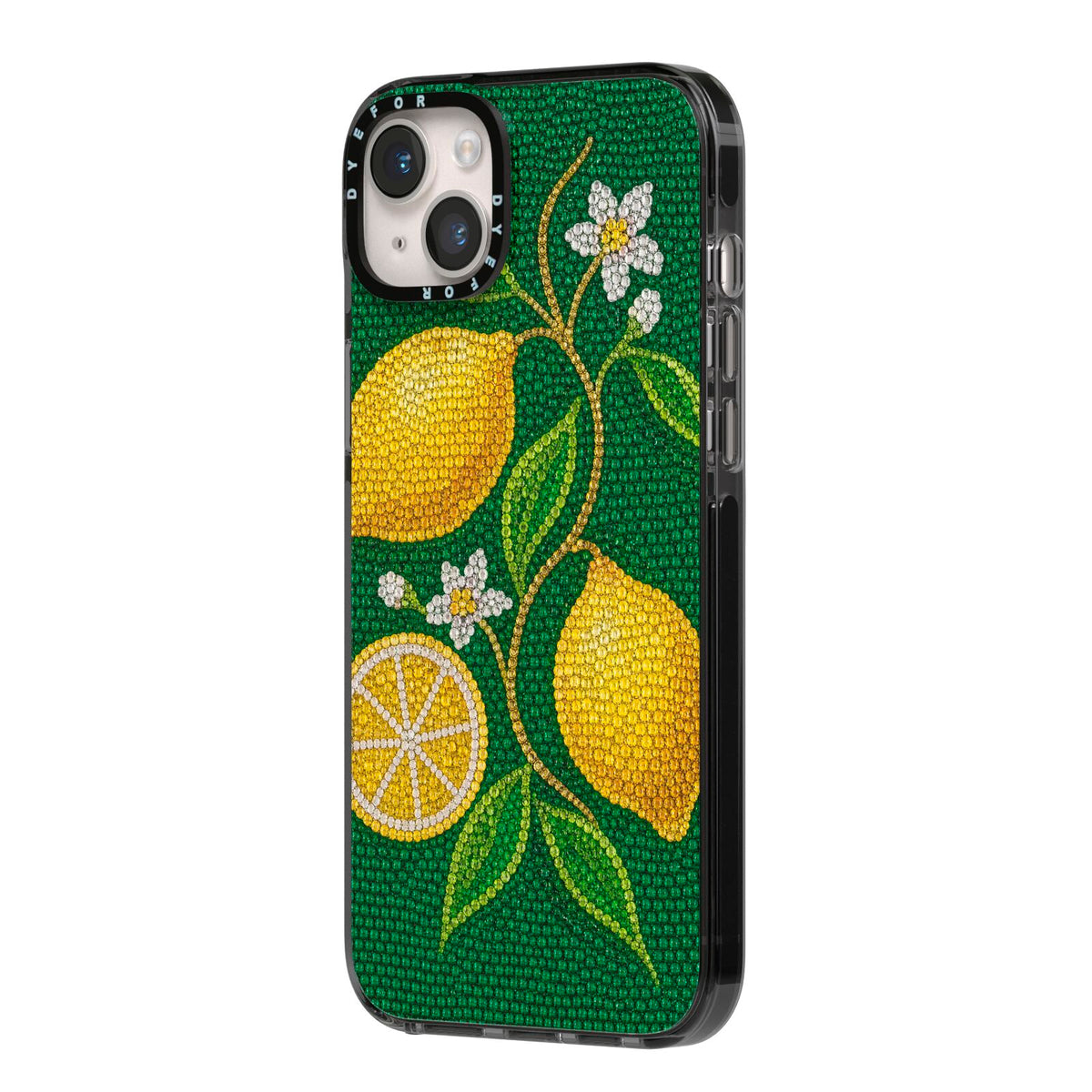 Lemon Lustre iPhone 14 Plus Black Impact Case Side Angle on Silver phone
