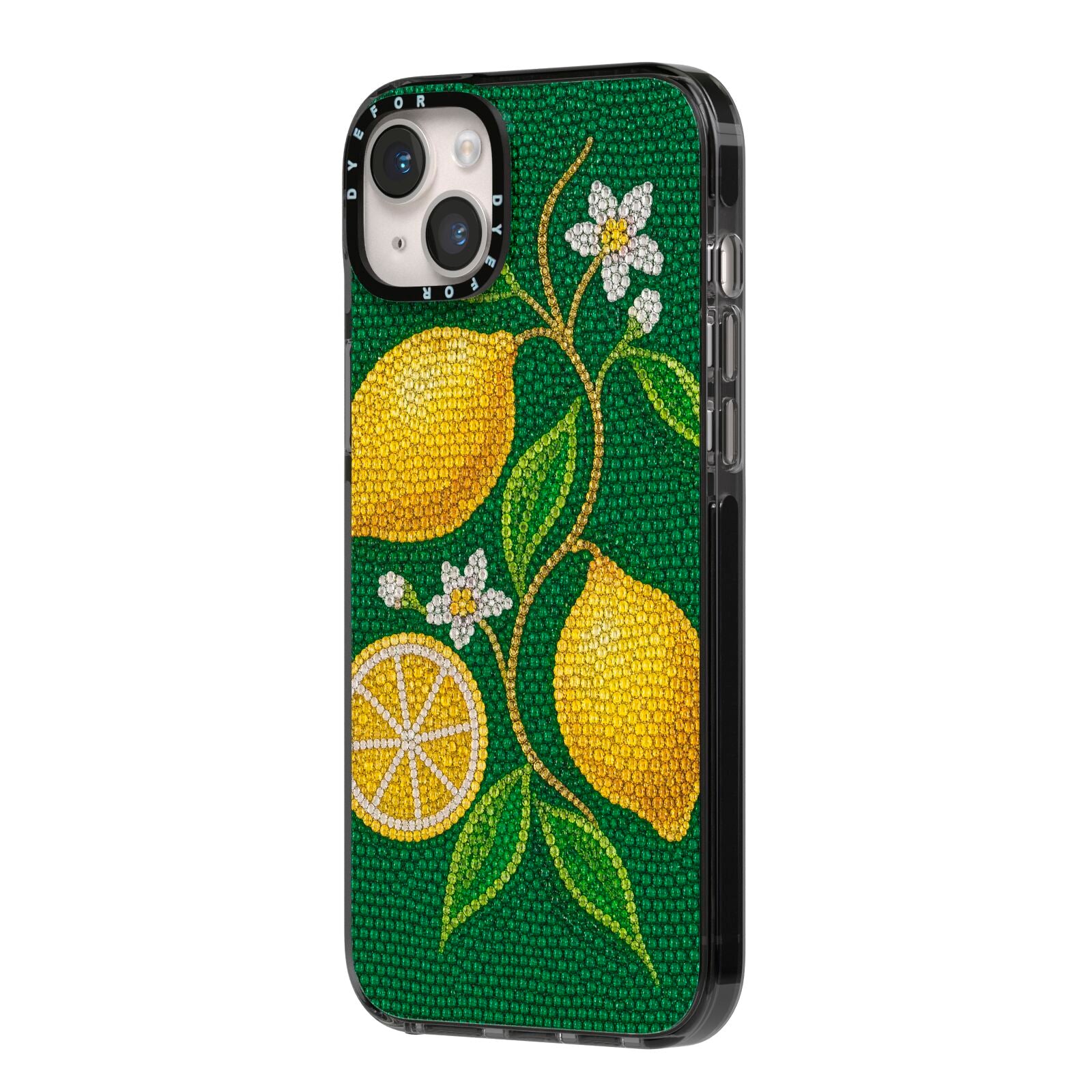 Lemon Lustre iPhone 14 Plus Black Impact Case Side Angle on Silver phone