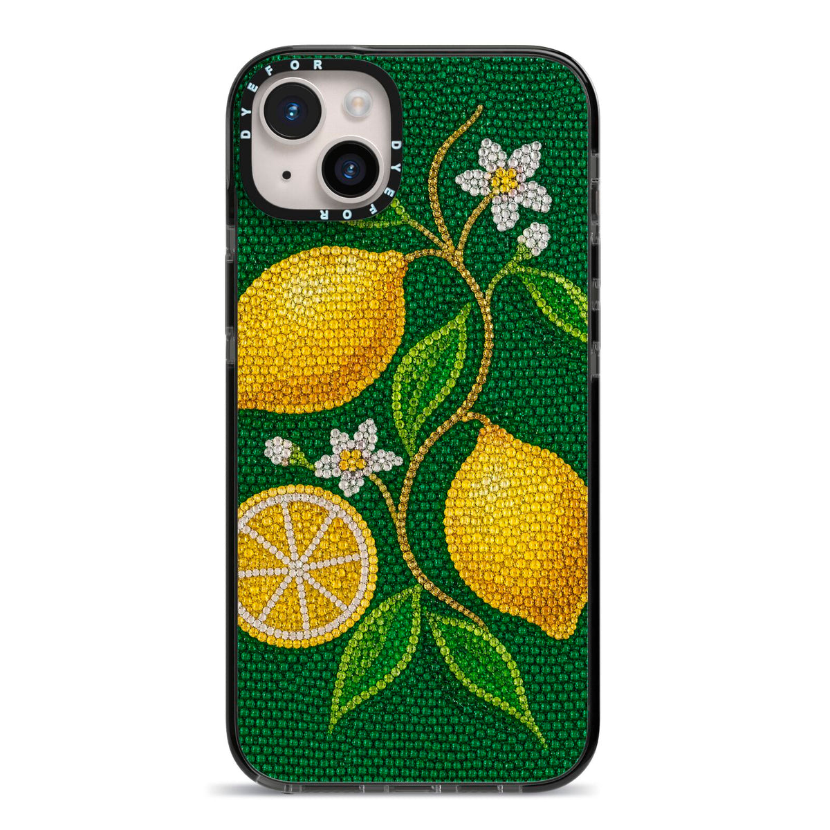 Lemon Lustre iPhone 14 Plus Black Impact Case on Silver phone