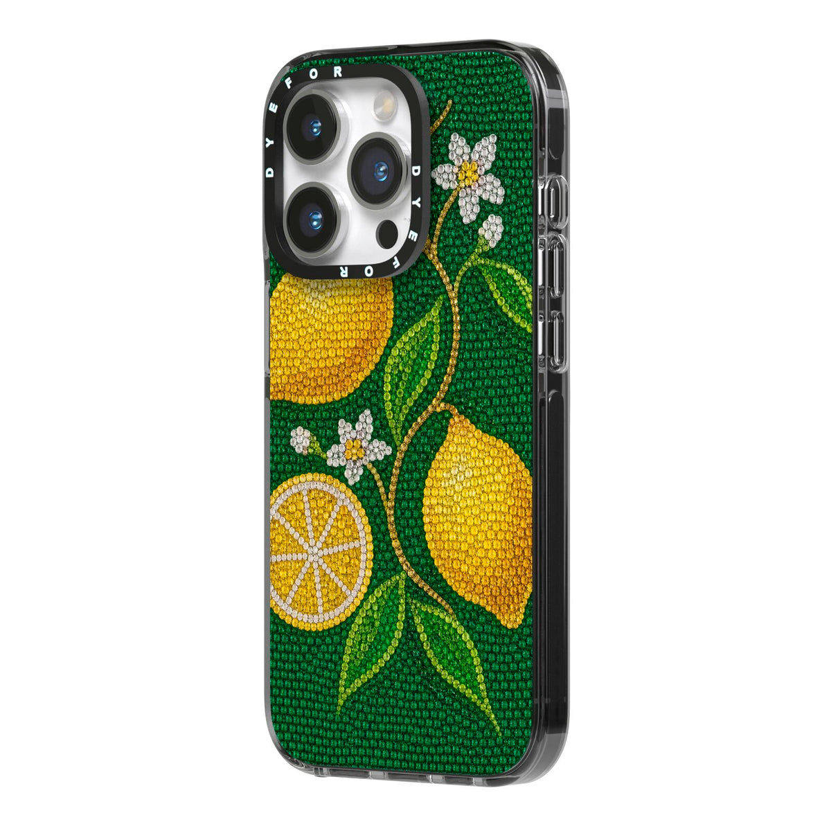 Lemon Lustre iPhone 14 Pro Black Impact Case Side Angle on Silver phone