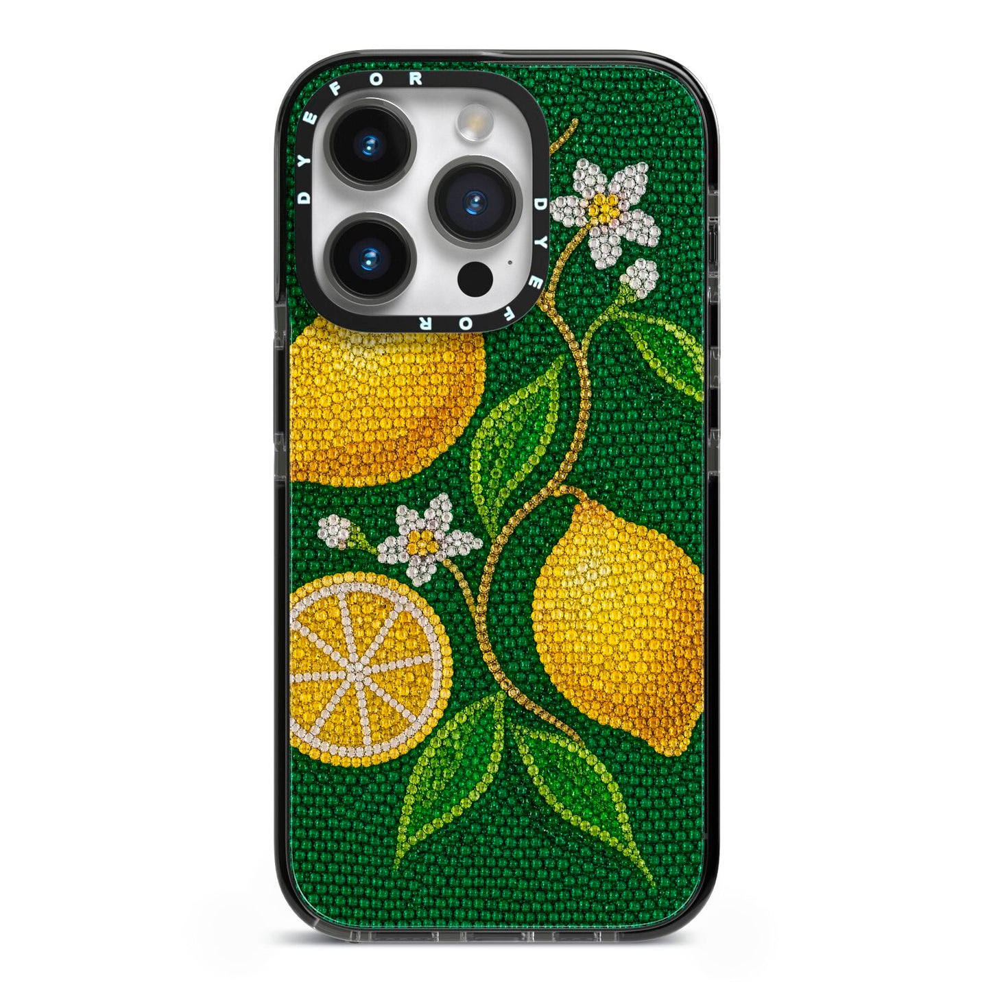 Lemon Lustre iPhone 14 Pro Black Impact Case on Silver phone