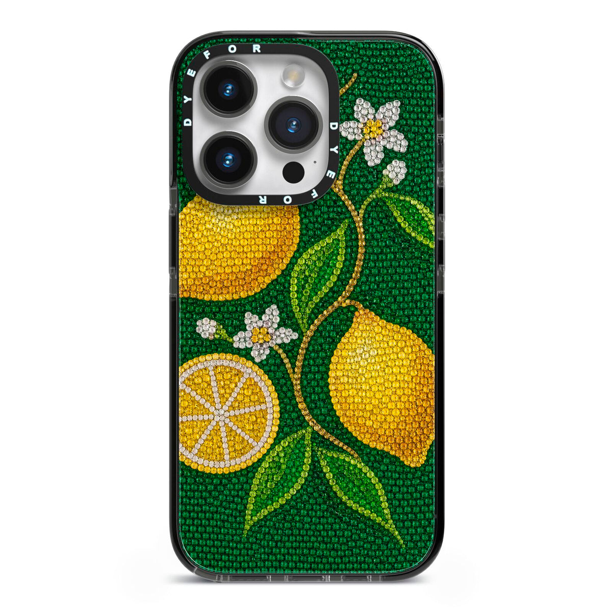 Lemon Lustre iPhone 14 Pro Black Impact Case on Silver phone