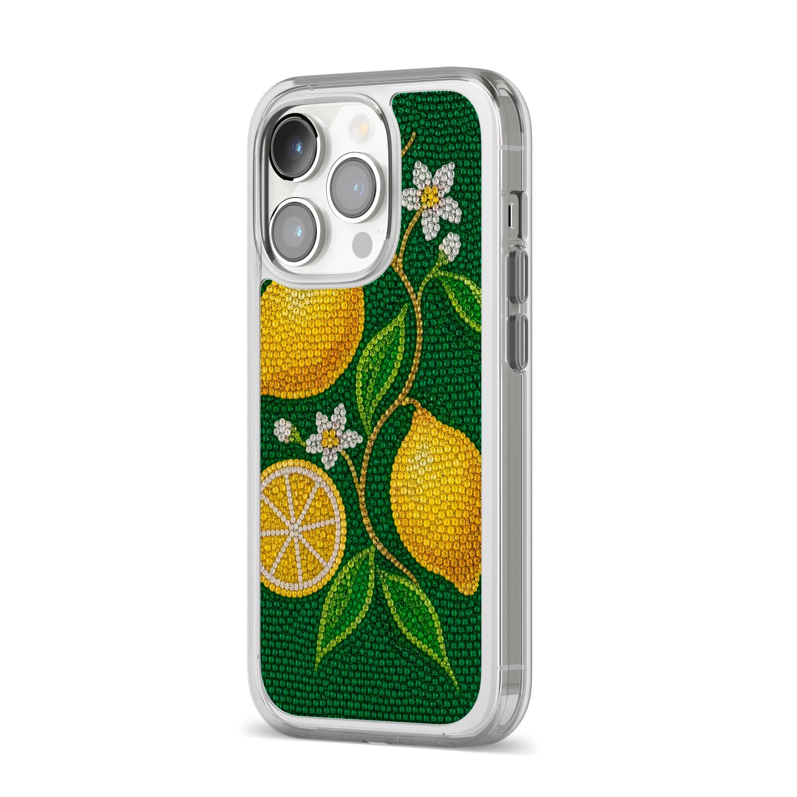 Lemon Lustre iPhone 14 Pro Clear Tough Case Silver Angled Image