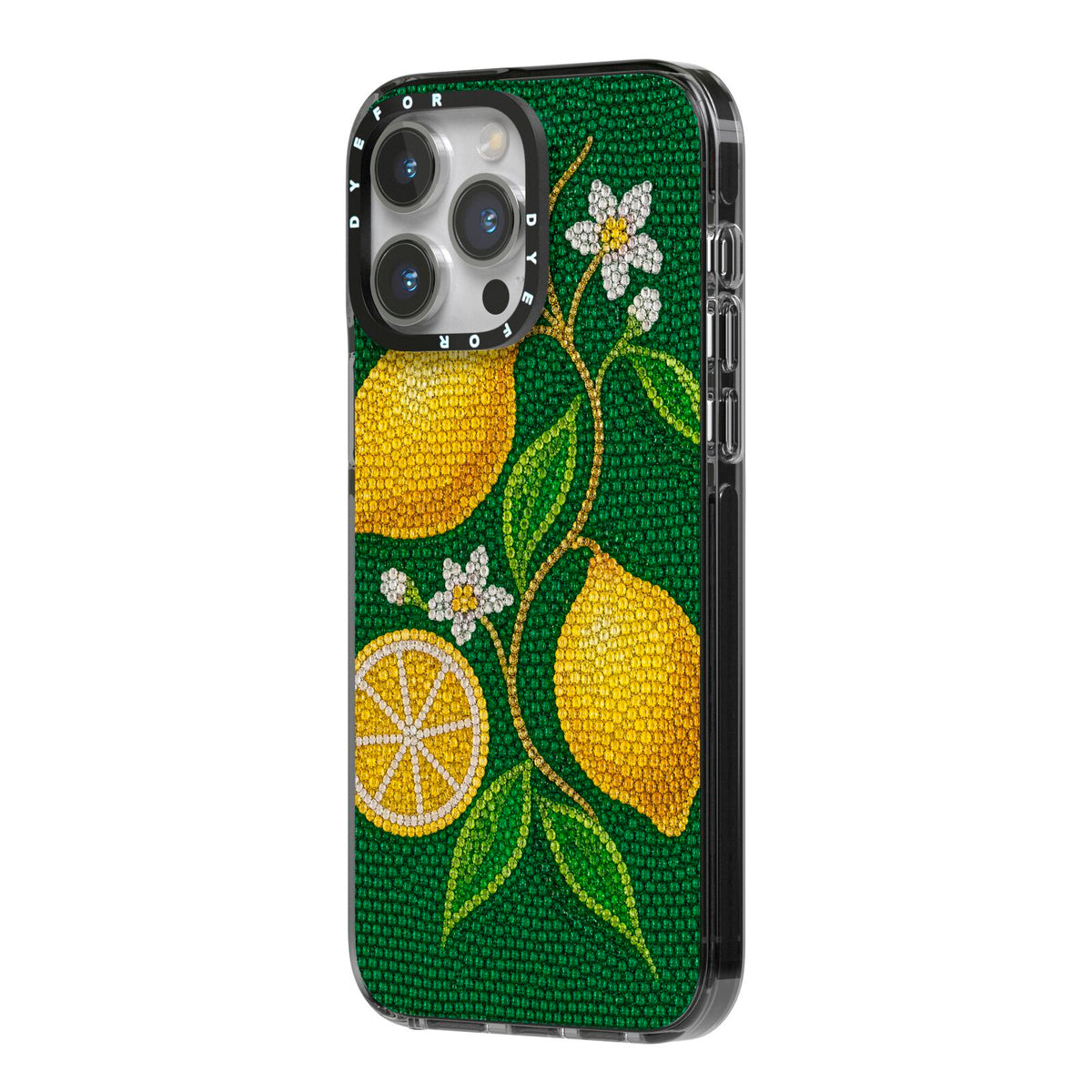 Lemon Lustre iPhone 14 Pro Max Black Impact Case Side Angle on Silver phone