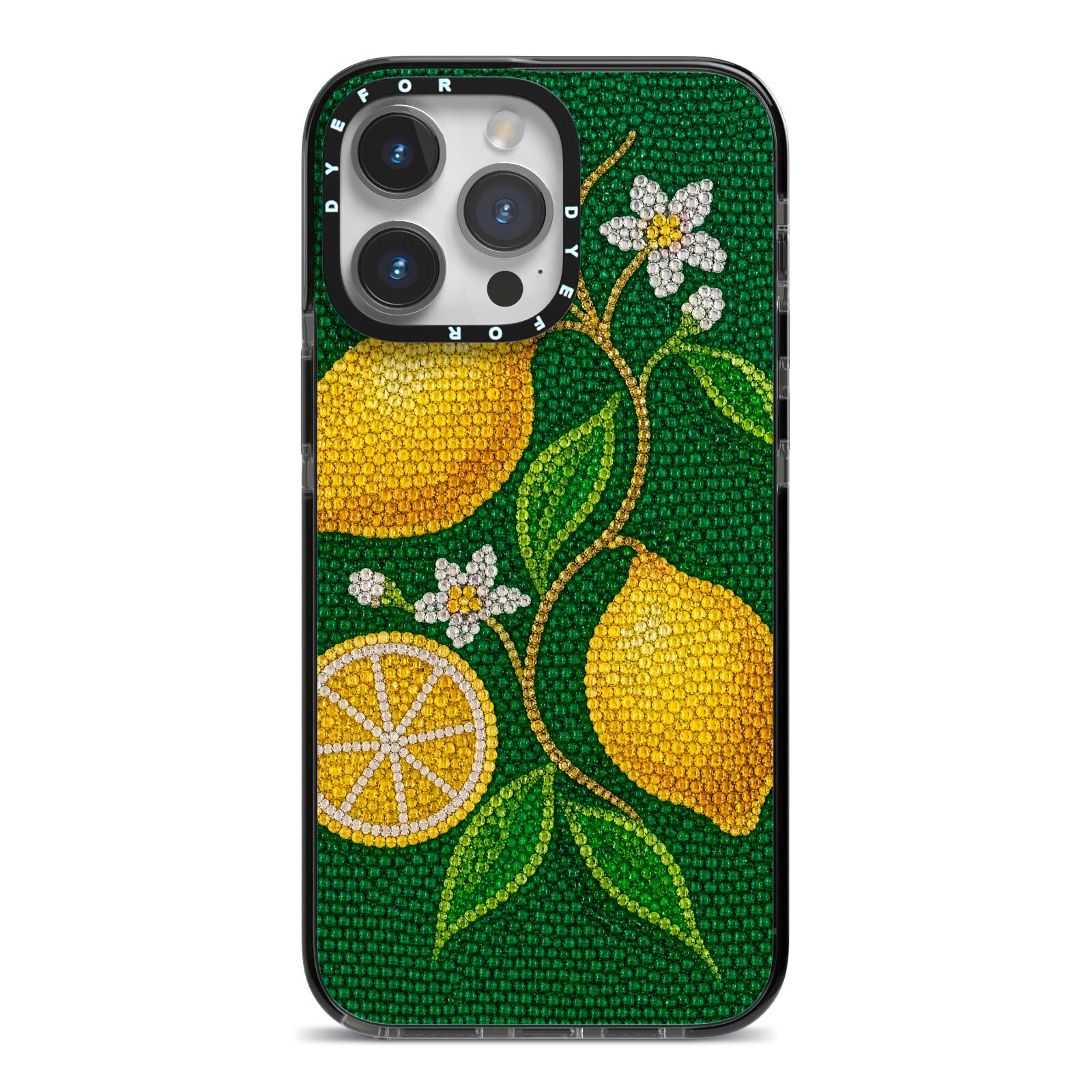 Lemon Lustre iPhone 14 Pro Max Black Impact Case on Silver phone