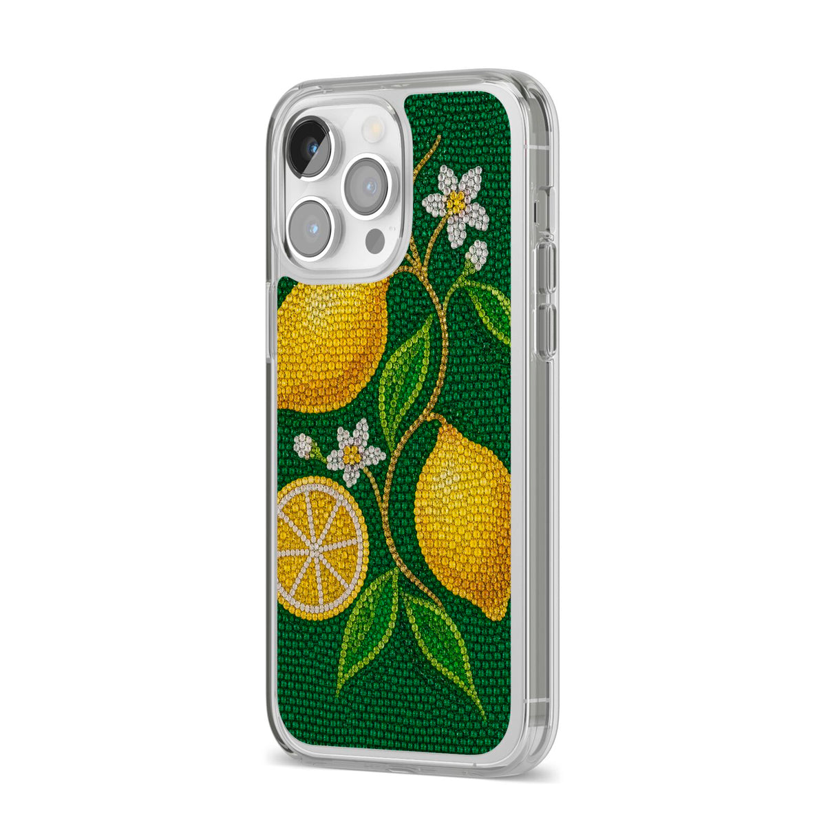 Lemon Lustre iPhone 14 Pro Max Clear Tough Case Silver Angled Image