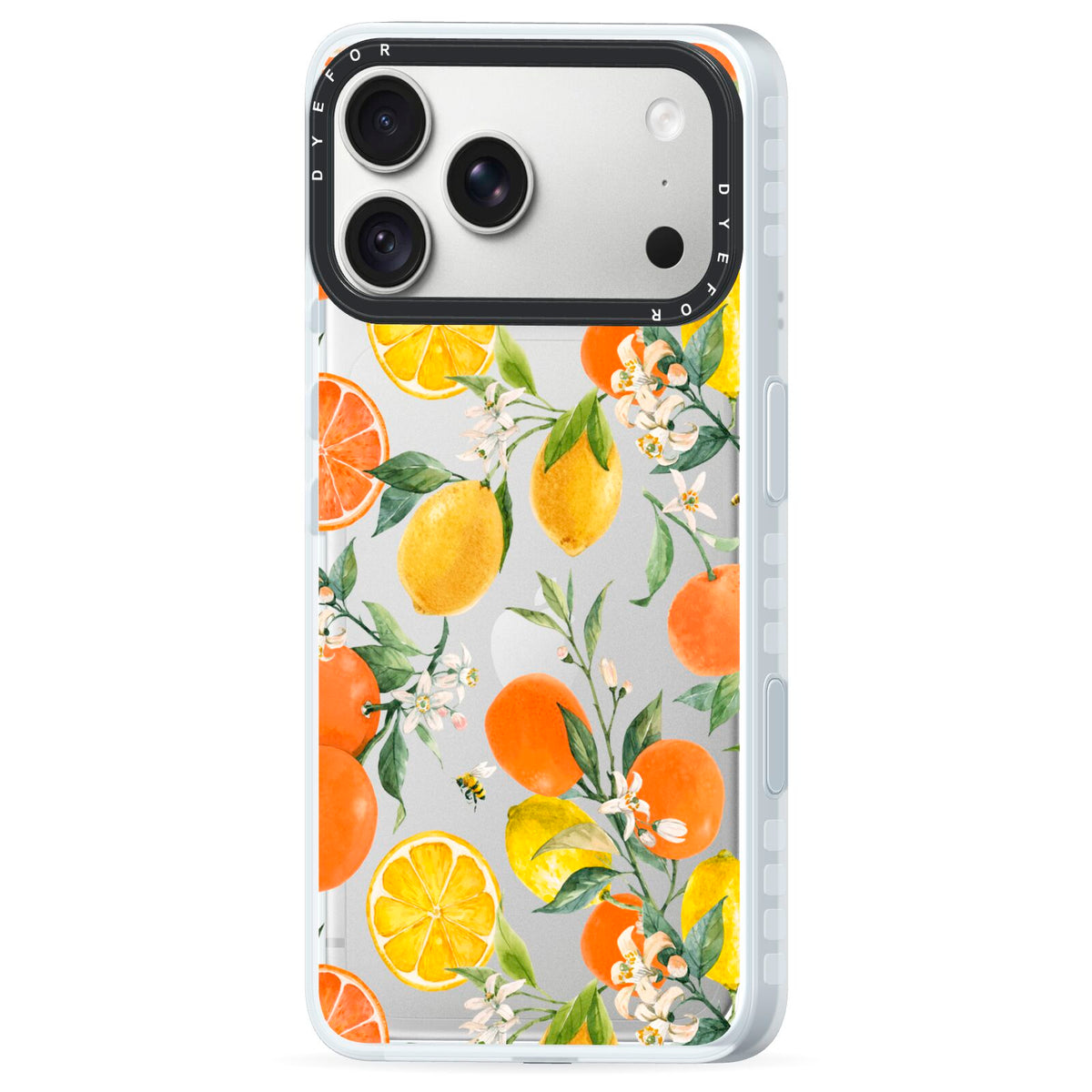 Lemons and Oranges iPhone 18 Pro Black Impact Pre order Case Side Angle on Silver phone