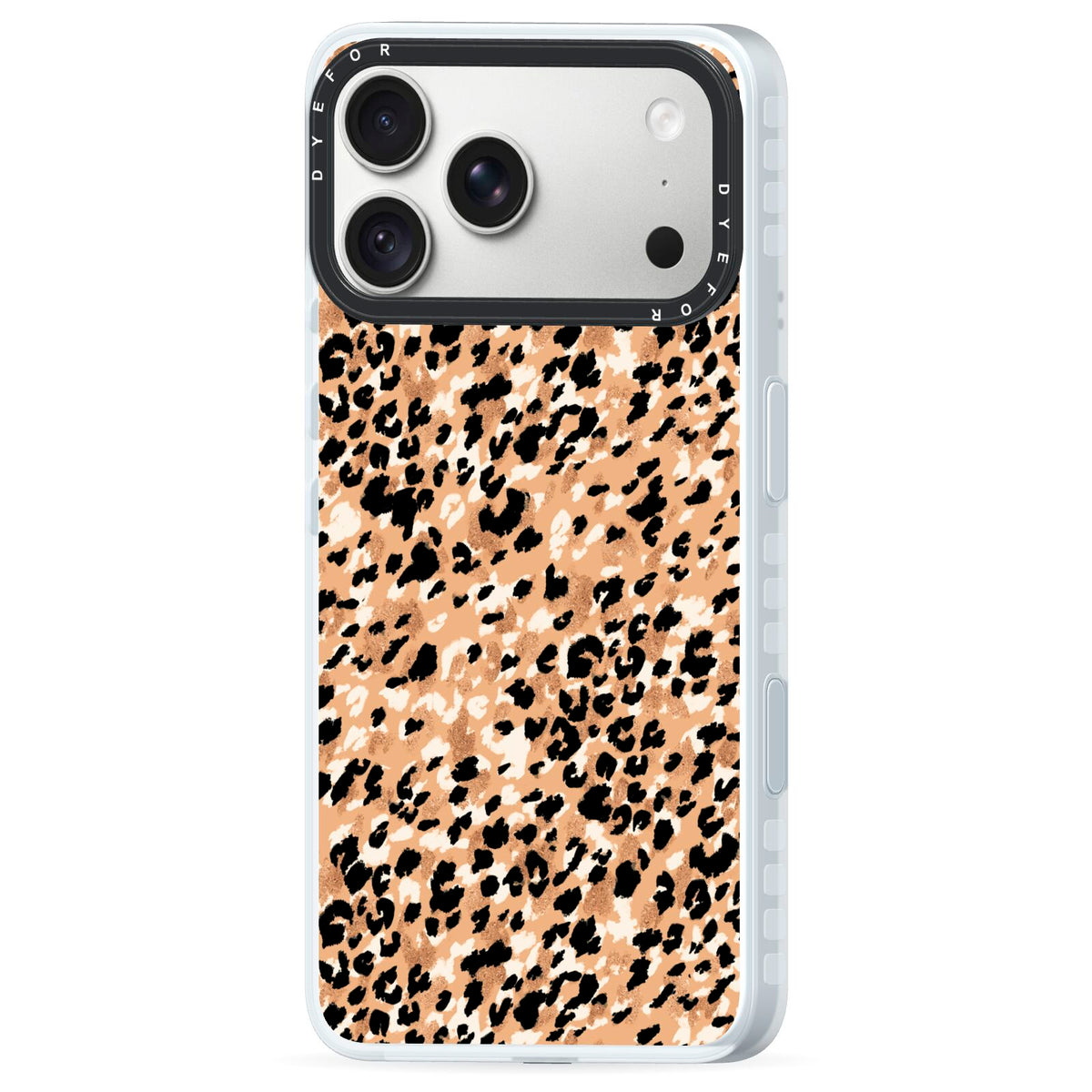 Leopard Print iPhone 18 Pro Black Impact Pre order Case Side Angle on Silver phone