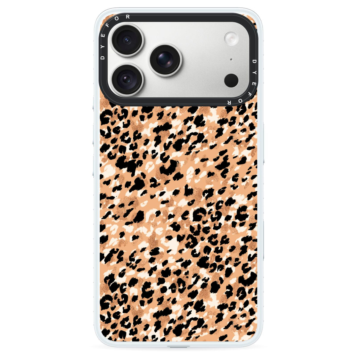 Leopard Print iPhone 18 Pro Black Impact Pre order Case on Silver phone