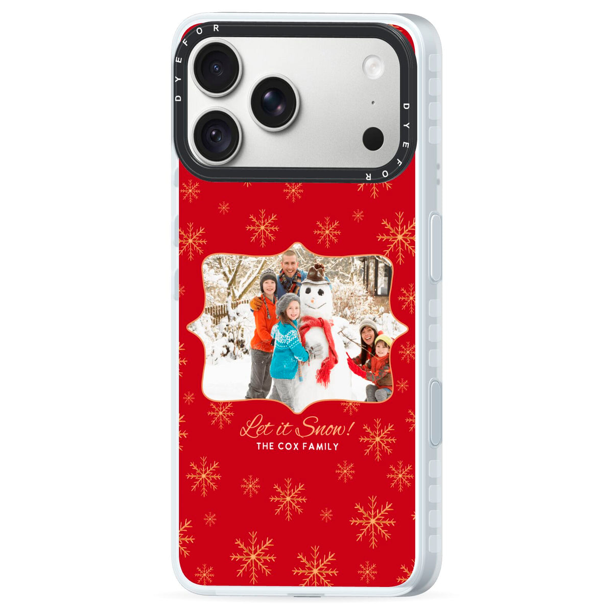 Let it Snow Christmas Photo Upload iPhone 18 Pro Black Impact Pre order Case Side Angle on Silver phone