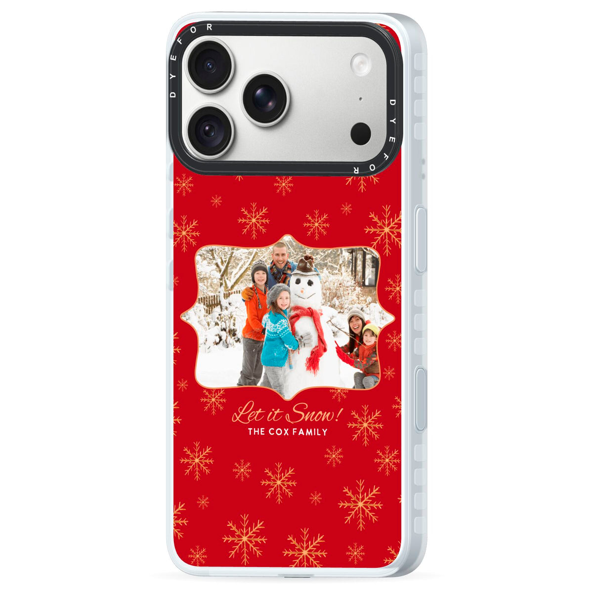 Let it Snow Christmas Photo Upload iPhone 18 Pro Max Black Impact Pre order Case Side Angle on Silver phone