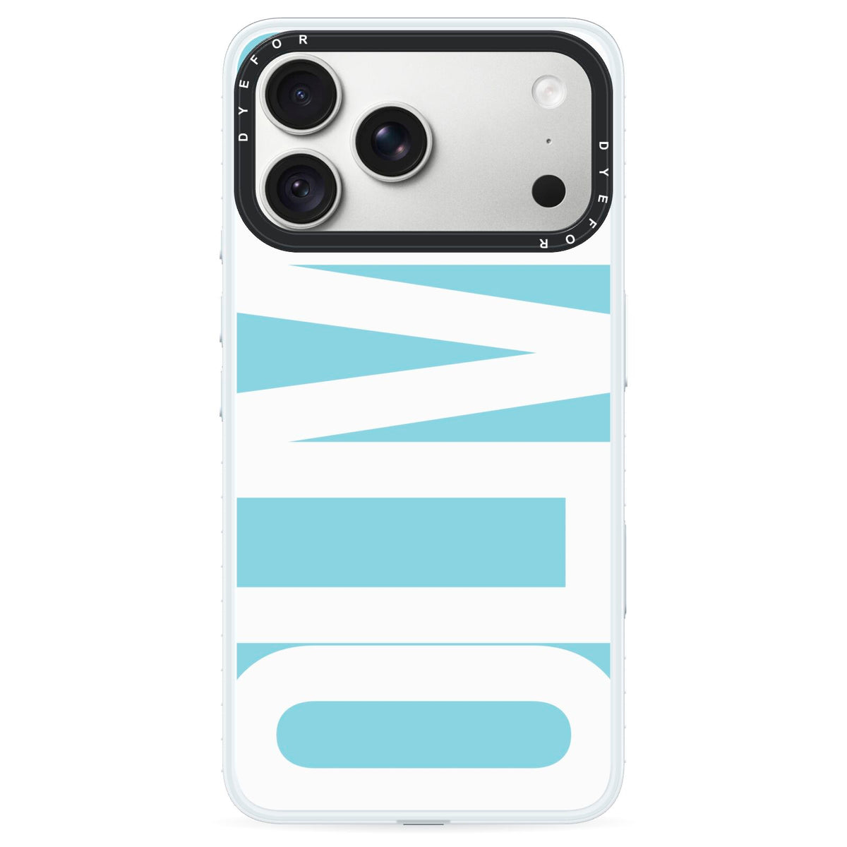 Light Blue with Bold White Name iPhone 18 Pro Black Impact Pre order Case on Silver phone