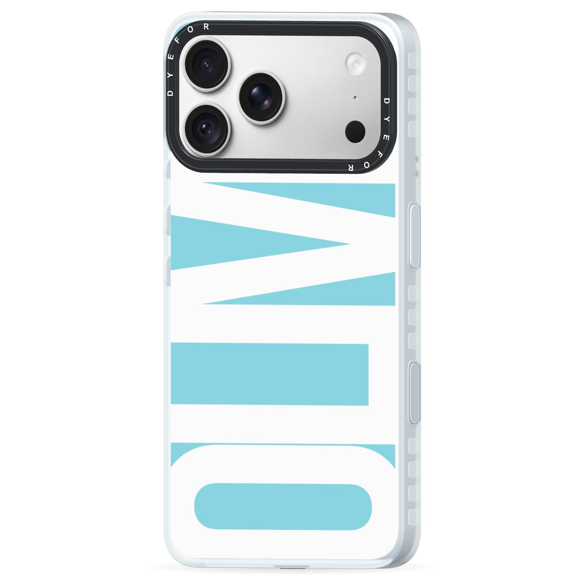 Light Blue with Bold White Name iPhone 18 Pro Max Black Impact Pre order Case Side Angle on Silver phone