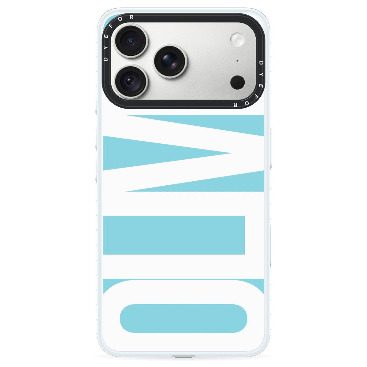 Light Blue with Bold White Name iPhone 18 Pro Max Black Impact Pre order Case on Silver phone