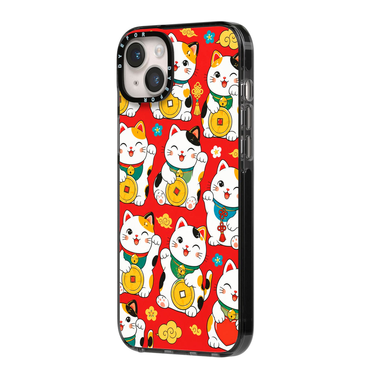 Little Fortunes iPhone 14 Plus Black Impact Case Side Angle on Silver phone