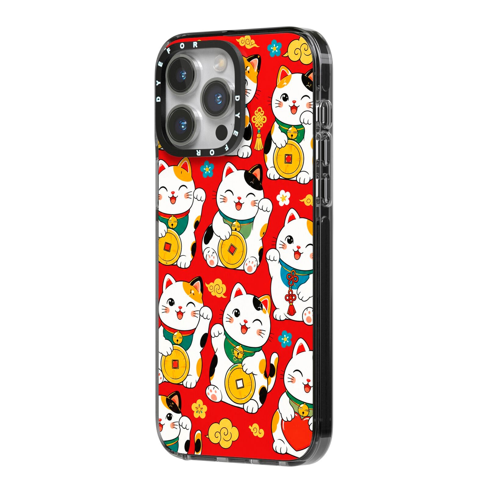 Little Fortunes iPhone 14 Pro Max Black Impact Case Side Angle on Silver phone