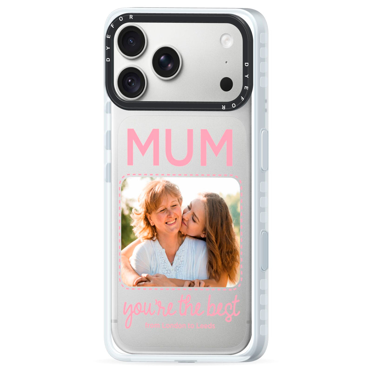 Long Distance Mothers Day Photo iPhone 18 Pro Black Impact Pre order Case Side Angle on Silver phone